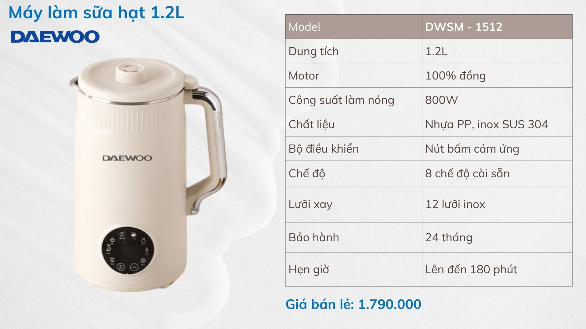 Mô tả Máy Làm Sữa Hạt Daewoo 1.2L, tặng Cẩm Nang 50 Công Thức - Máy Xay Nấu Đa Năng BH 2 năm - 1