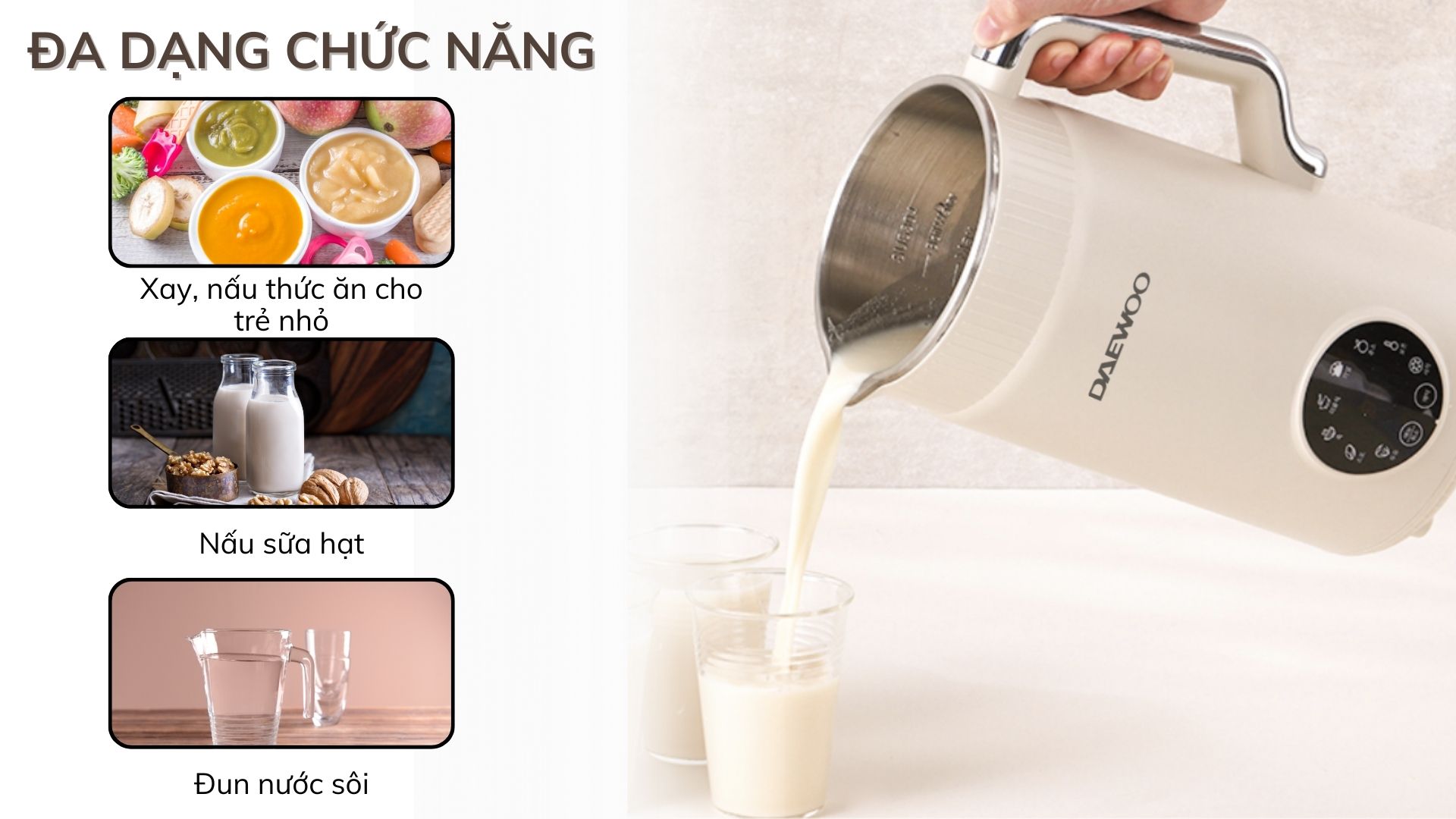 Mô tả Máy Làm Sữa Hạt Daewoo 1.2L, tặng Cẩm Nang 50 Công Thức - Máy Xay Nấu Đa Năng BH 2 năm - 2