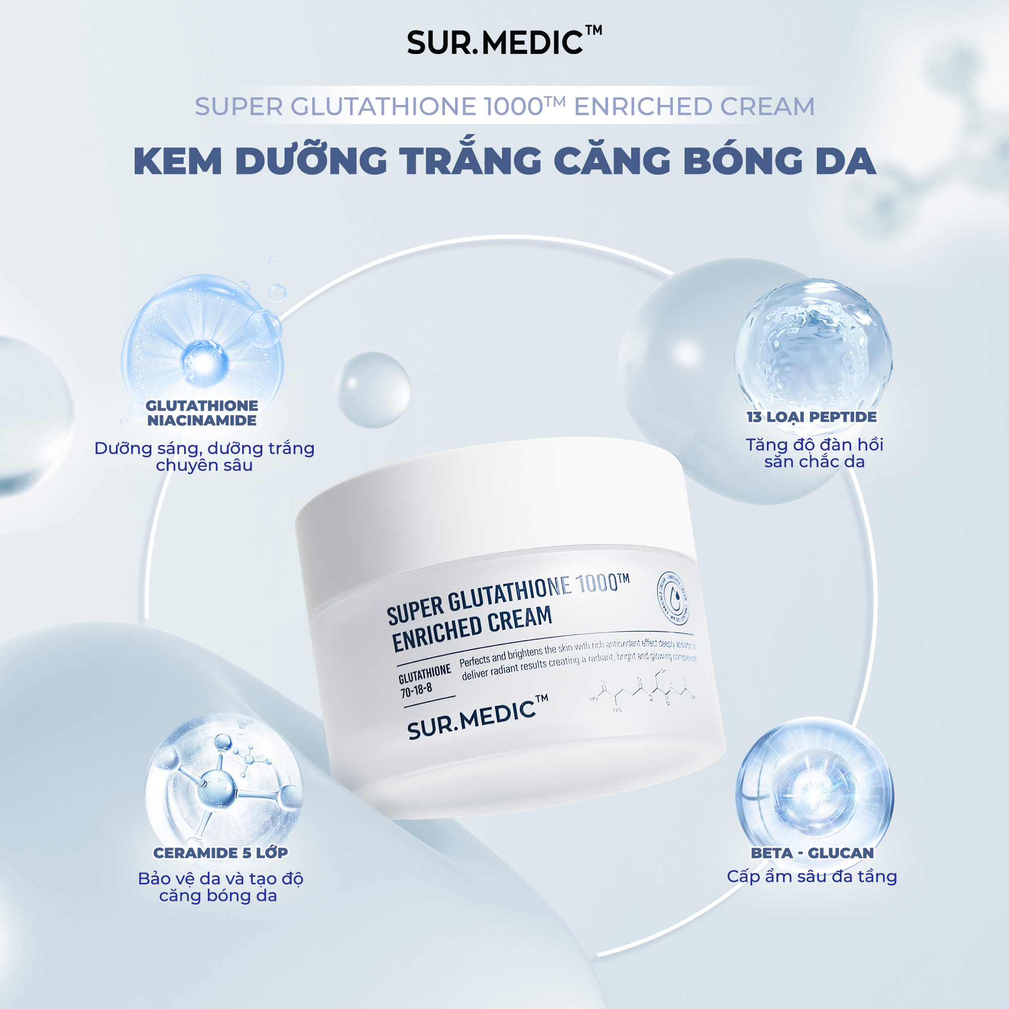Mô tả Kem Dưỡng Trắng Căng Bóng Da SUR.MEDIC Super Glutathione Enriched Cream 50ml - 1