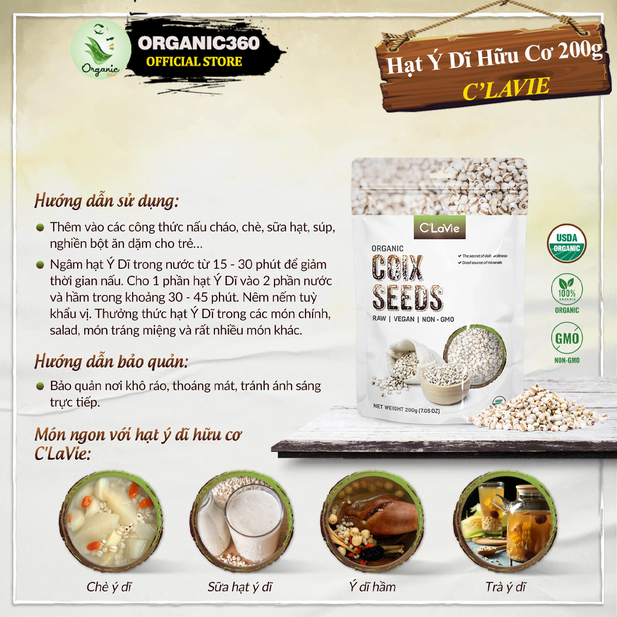 Mô tả Hạt Ý Dĩ Hữu Cơ C’LAVIE 200g Organic Coix Seeds - 2
