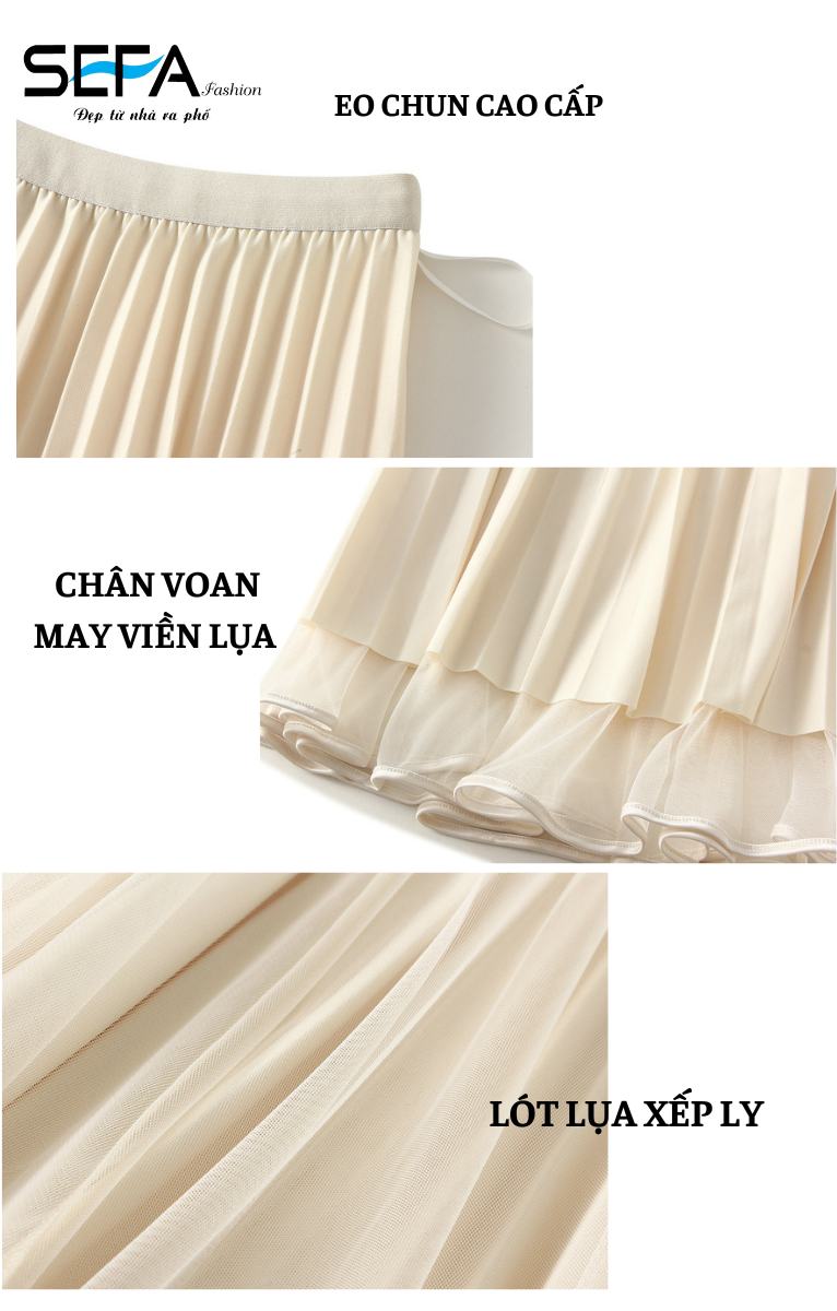 Mô tả Chân Váy SEFA xếp ly Xòe dáng Dài Lưới Bên Ngoài, lót lụa dập ly mềm chất liệu voan cao cấp có thể mặc 2 kiểu - 4