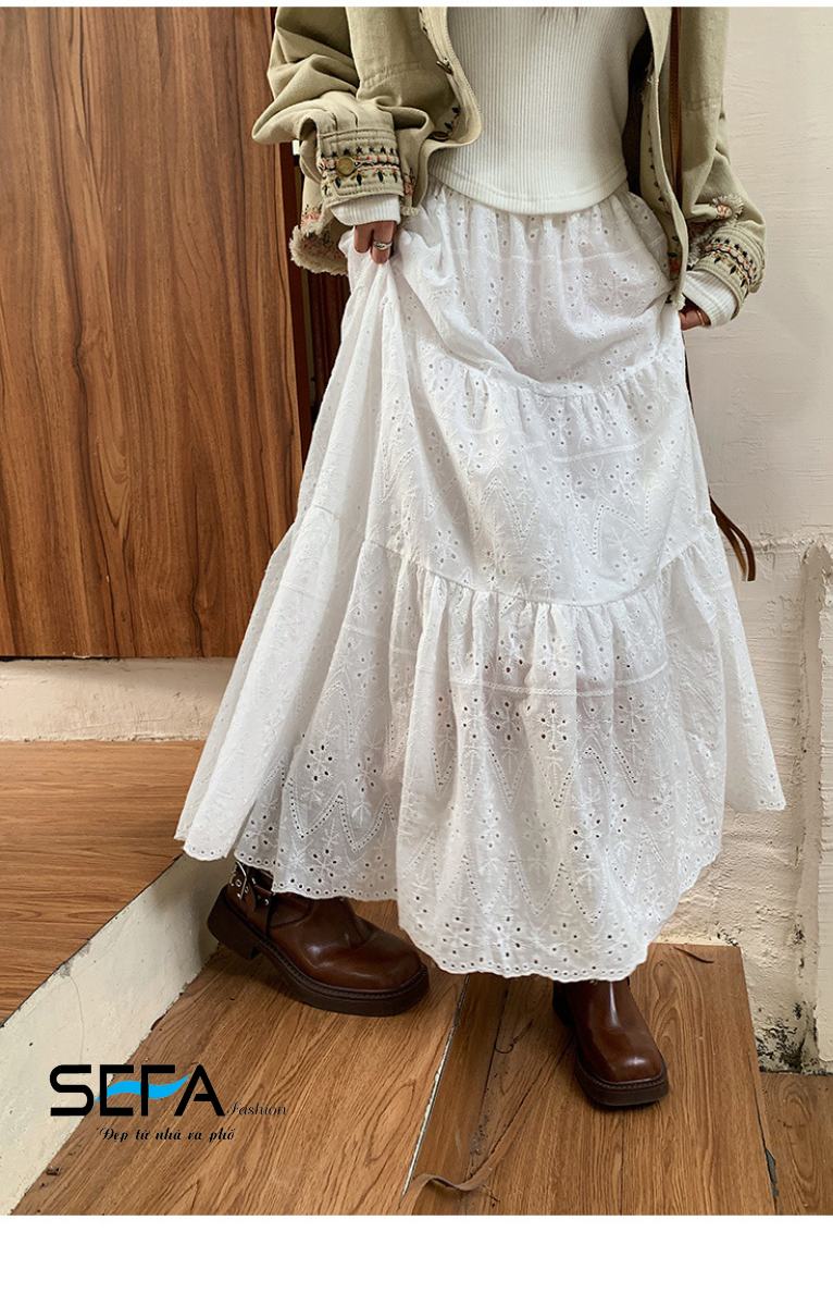 Mô tả Chân Váy SEFA Xòe Tầng Tiểu Thư Dài Màu Trắng Thô Ren Cotton Xốp Mềm Vintage Dành Cho Du Lịch, Đi Chơi, Trẻ Trung - 4