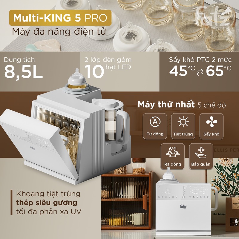 Mô tả Máy đa năng điện tử (Tiệt trùng UVC, Sấy khô/ Lắc & Giữ ấm/ Đun&Hâm nước pha sữa) Multi-KING 5 Pro FATZBABY FB9288BT - 3