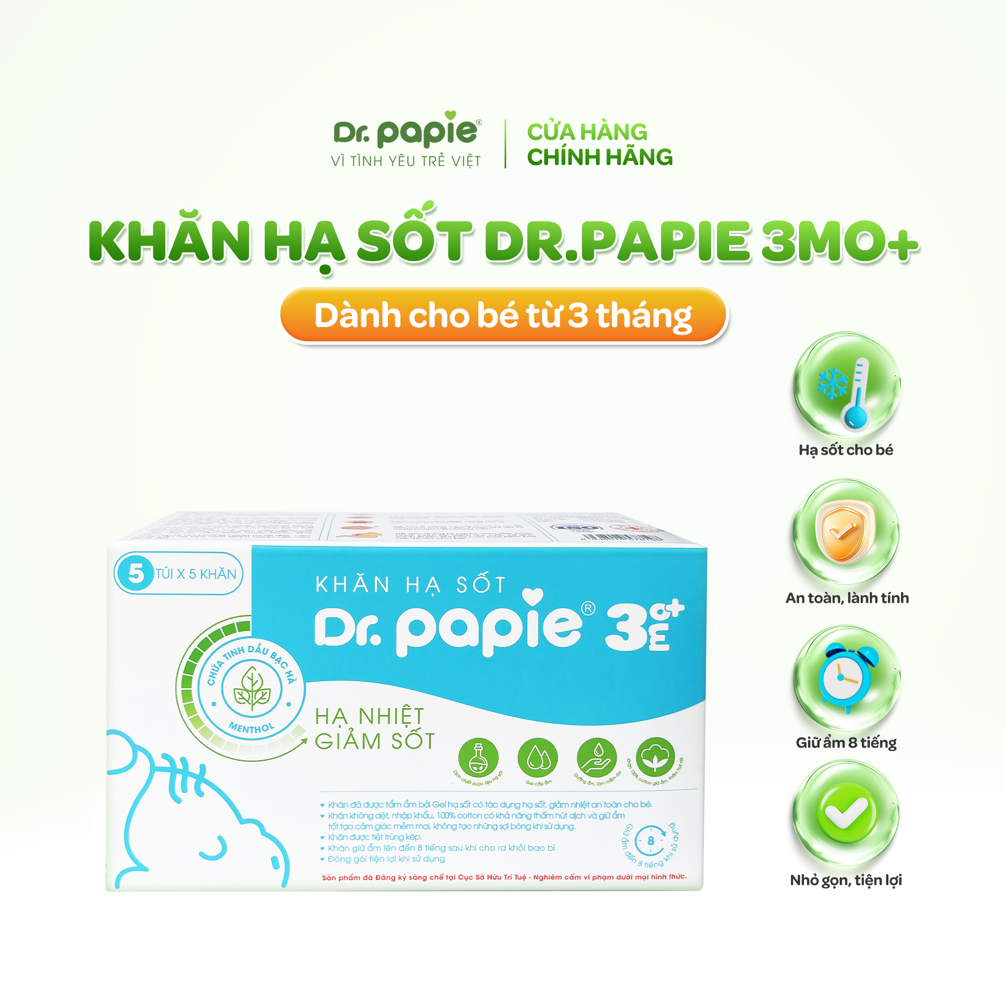 Mô tả Khăn Hạ Sốt Dr.Papie 3mo+ Hạ sốt Vật lý Chuẩn Nhi Khoa, Ngăn Ngừa Co Giật Cho Bé Hộp 5 Gói x 5 Khăn/Gói - 1