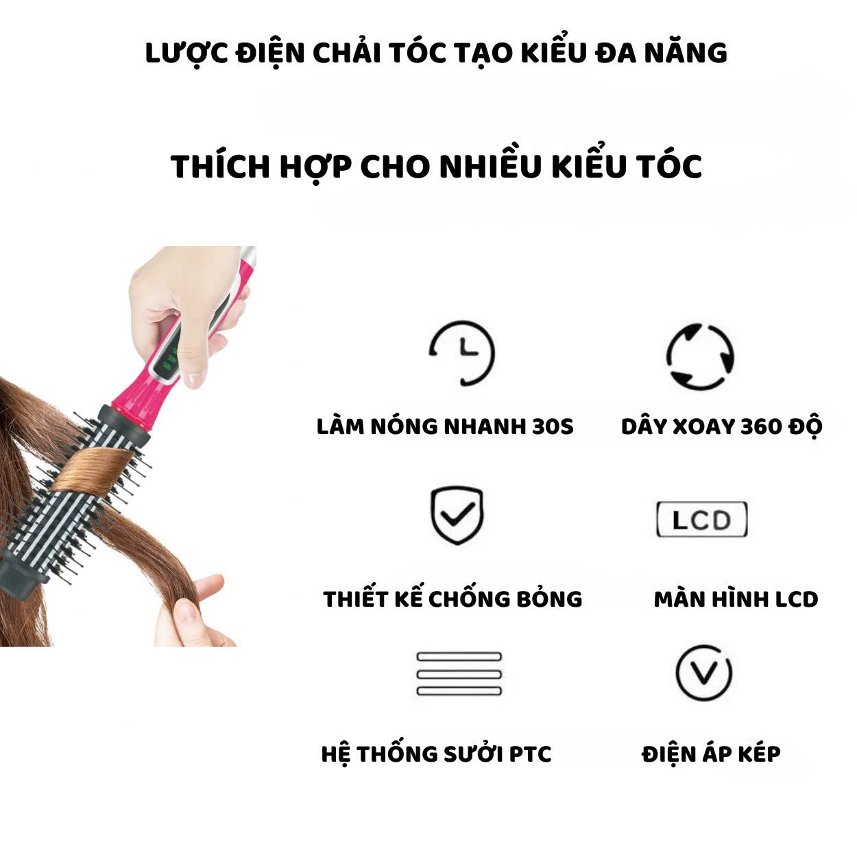 Mô tả Lược điện chải tóc ENZO 2229 cao cấp tạo kiểu đa năng 3 trong 1 uốn xoăn,duỗi thẳng,uốn cụp,ion âm bảo vệ tóc - 3