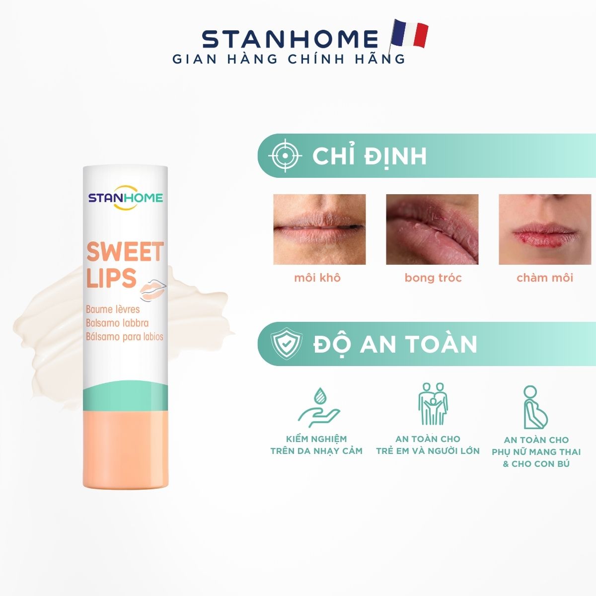 Mô tả Son Dưỡng Môi Cấp Ẩm STANHOME Sweet Lips Làm Mềm Môi Phù Hợp Cho Da Nhạy Cảm 4.8gr - 6