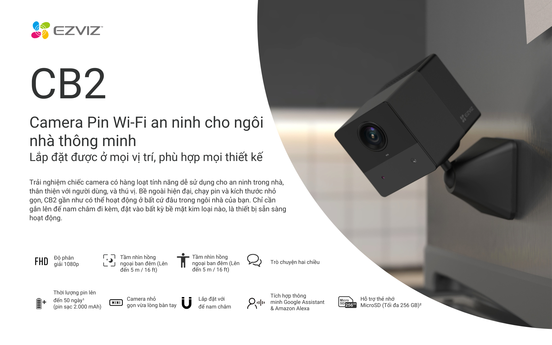 Mô tả Camera Wi-Fi EZVIZ CB2 Không Dây Pin Sạc 2000 mAh (Nâng Cấp từ BC2), Đầu Sạc Type-C - 1