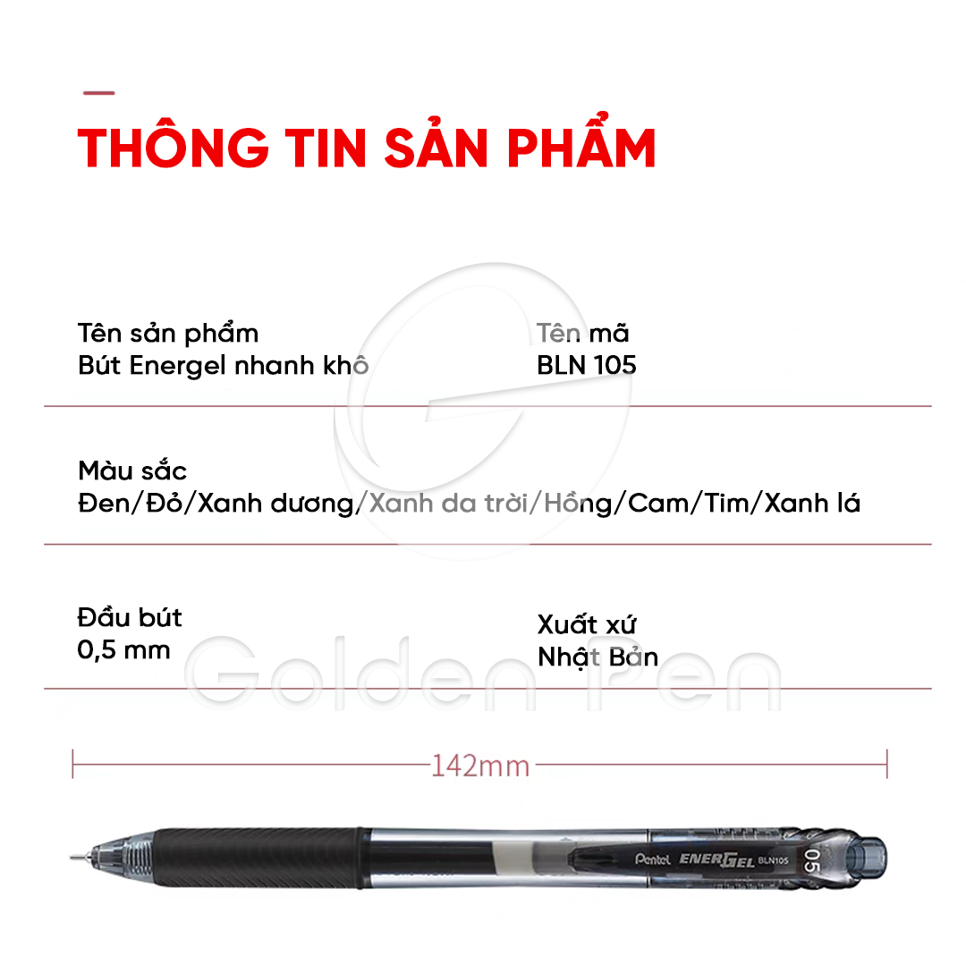 Mô tả Bút Gel Bấm Pentel BLN105 – Nét Mượt, Nhanh Khô, Ngòi 0.5mm – Bút Bi Nước Nhiều Màu Cho Học Sinh - 9