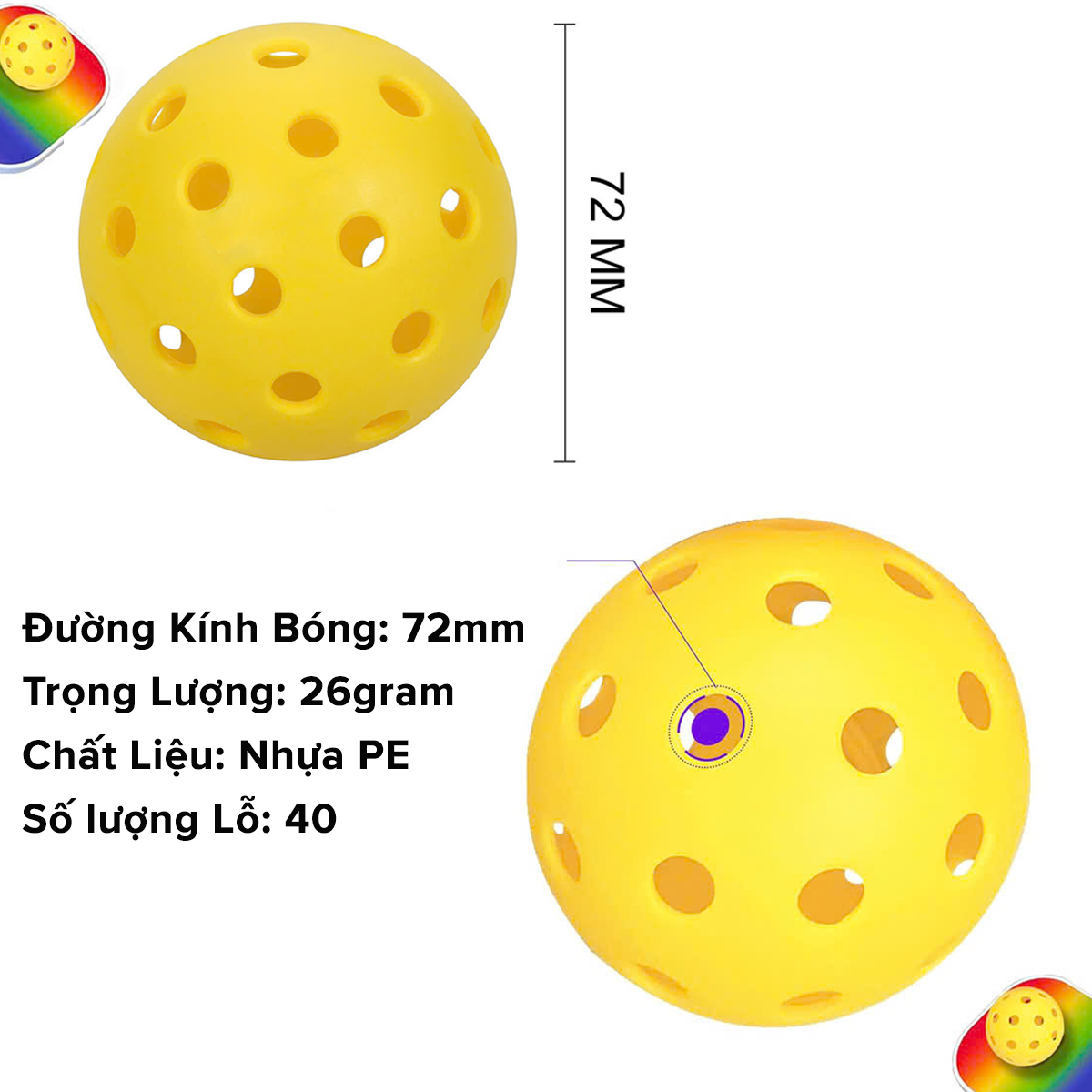 Kích thước bóng Pickleball 74mm
