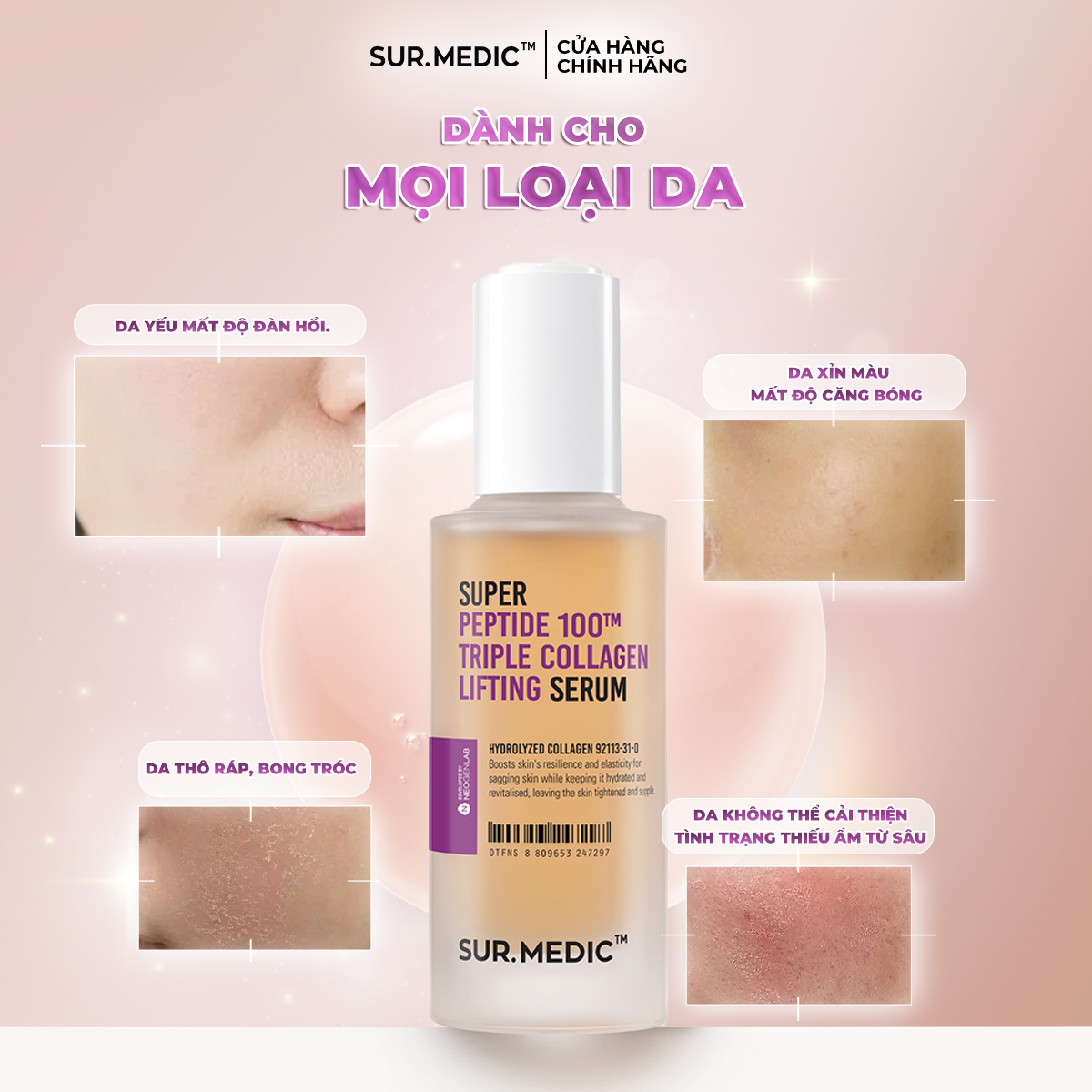 Mô tả Combo Siêu Tinh Chất Và Kem Dưỡng Phục Hồi và Trẻ Khoẻ Da SURMEDIC Super Peptide 100™ Collagen Lifting Serum 100ml - 1