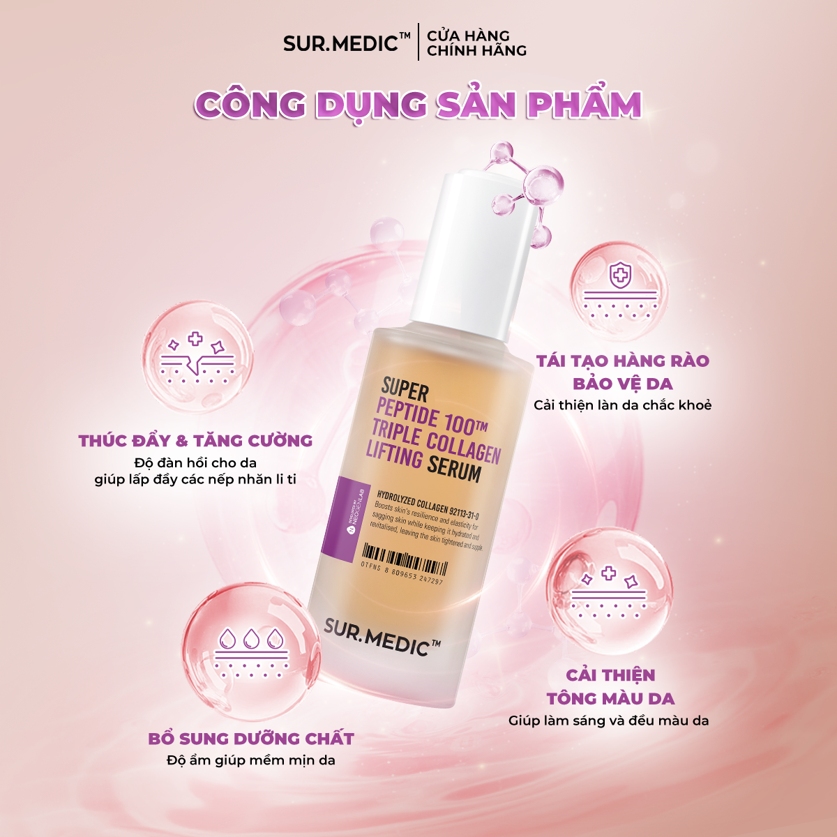 Mô tả Combo Siêu Tinh Chất Và Kem Dưỡng Phục Hồi và Trẻ Khoẻ Da SURMEDIC Super Peptide 100™ Collagen Lifting Serum 100ml - 2