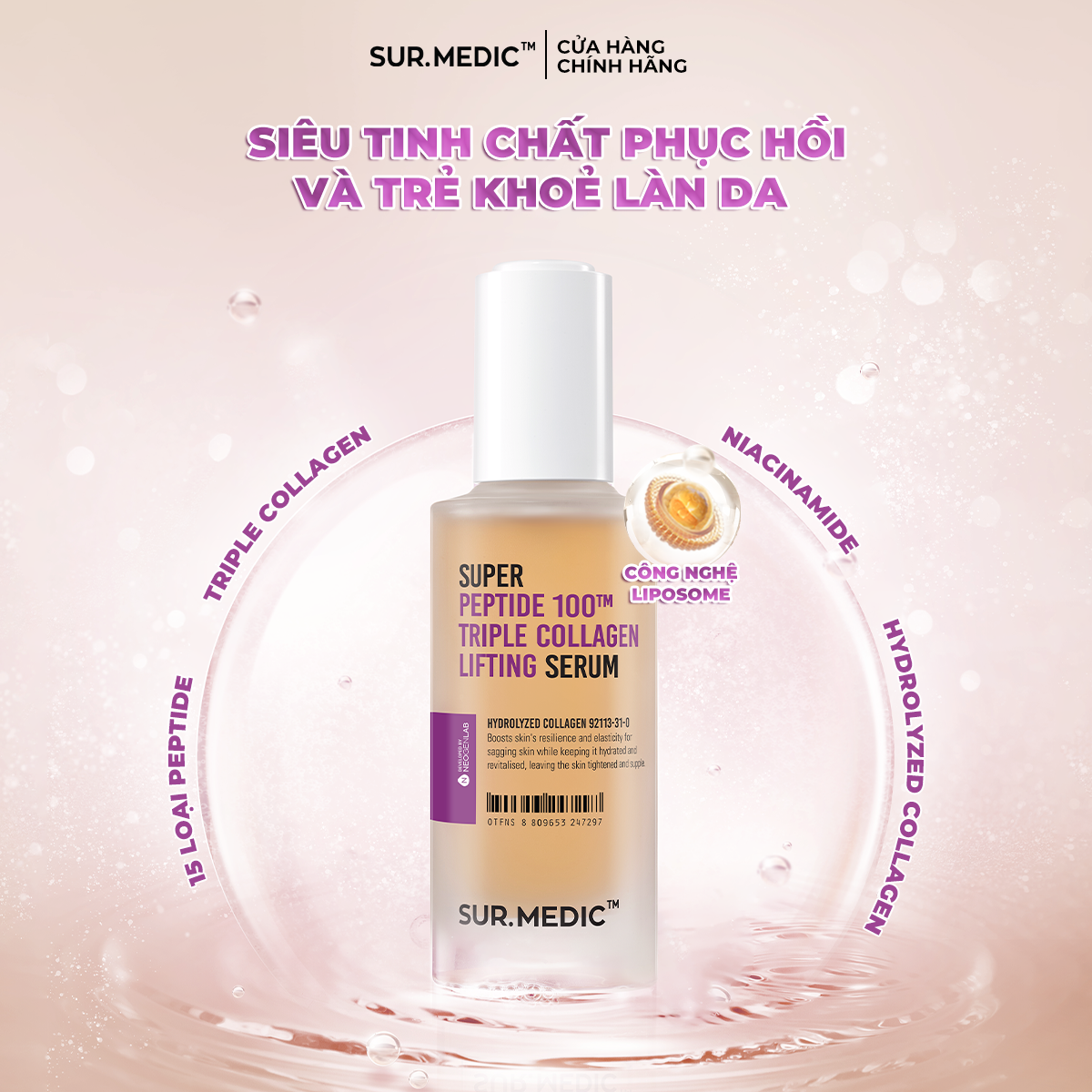Mô tả Combo Siêu Tinh Chất Và Kem Dưỡng Phục Hồi và Trẻ Khoẻ Da SURMEDIC Super Peptide 100™ Collagen Lifting Serum 100ml - 4