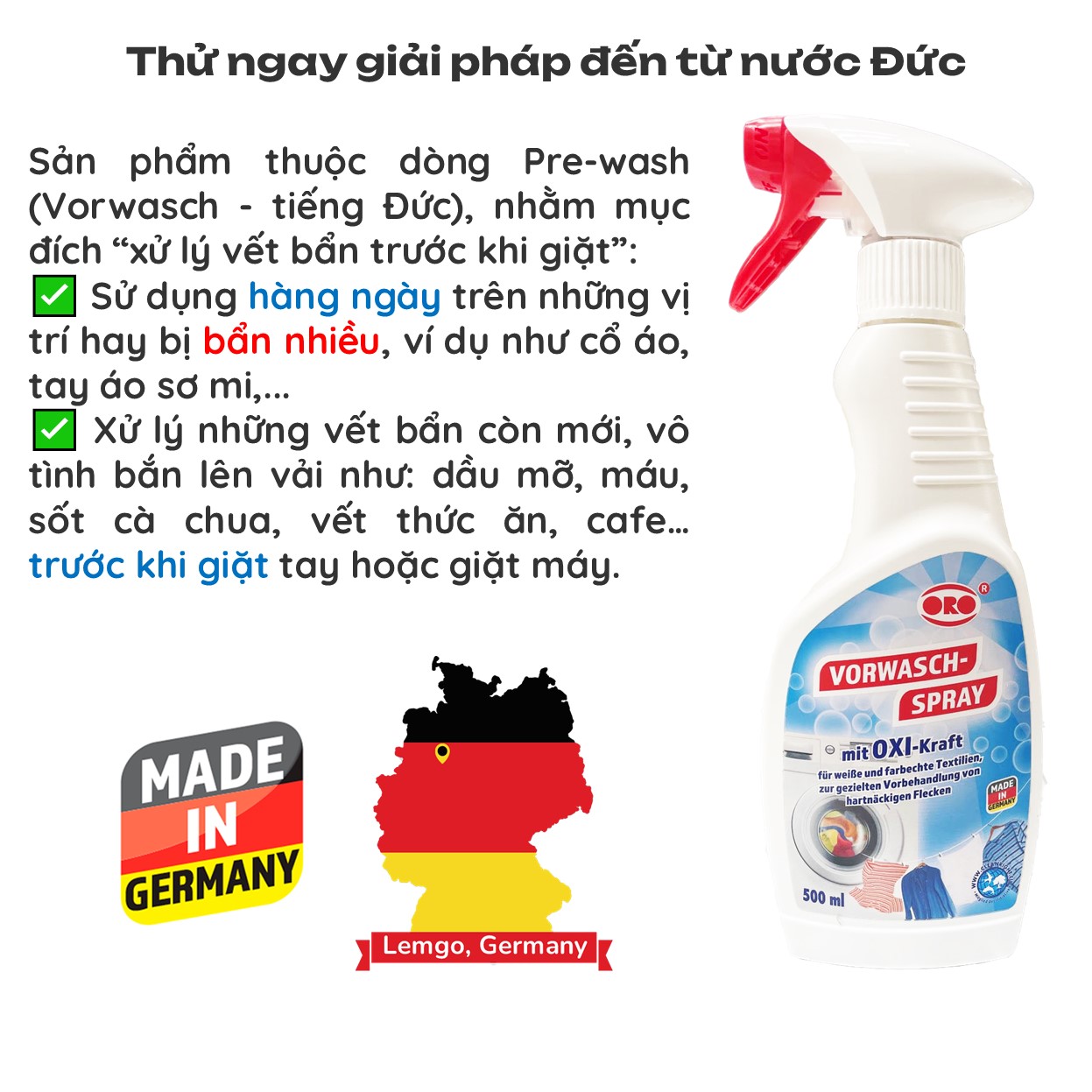 Mô tả Xịt Tẩy Vết Bẩn Quần Áo ORO Nước Tẩy Quần Áo Màu, Tẩy Cổ Áo Sơ Mi, Tẩy Quần Áo Trắng, Tẩy Vết Thức Ăn, Vết Cafe, Đồ Uống - 2