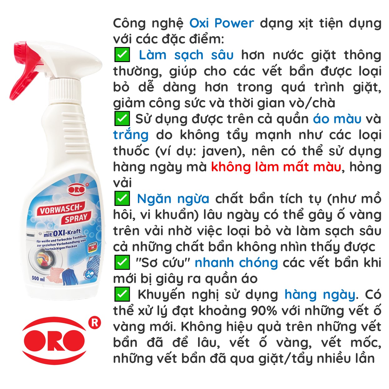 Mô tả Xịt Tẩy Vết Bẩn Quần Áo ORO Nước Tẩy Quần Áo Màu, Tẩy Cổ Áo Sơ Mi, Tẩy Quần Áo Trắng, Tẩy Vết Thức Ăn, Vết Cafe, Đồ Uống - 4