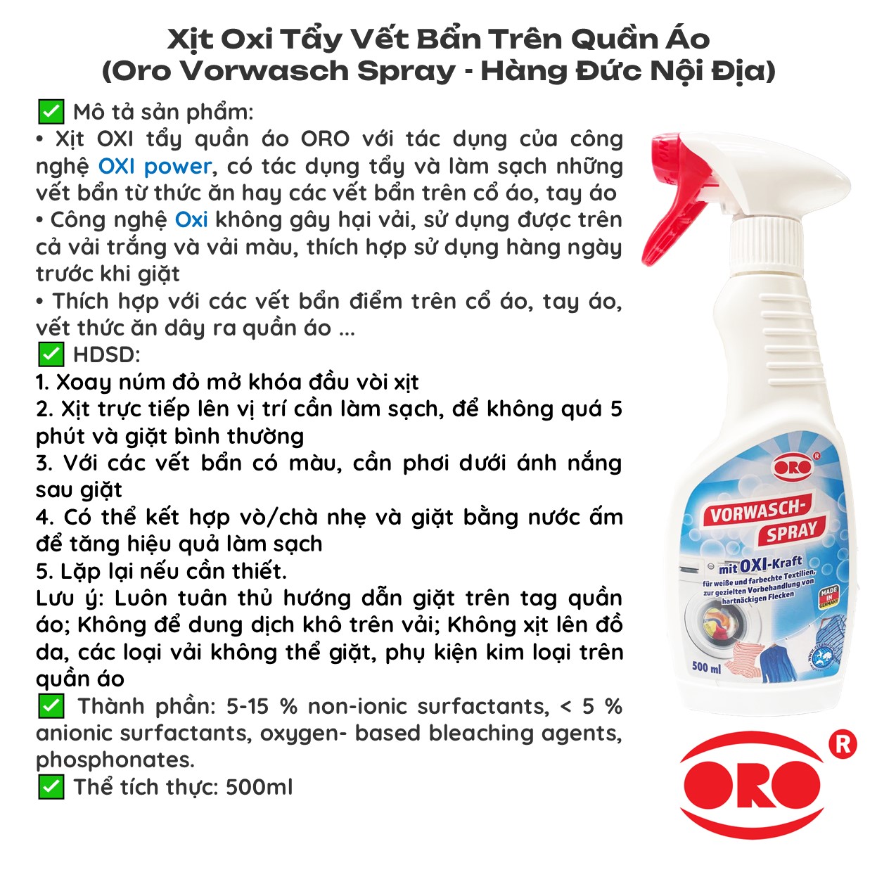 Mô tả Xịt Tẩy Vết Bẩn Quần Áo ORO Nước Tẩy Quần Áo Màu, Tẩy Cổ Áo Sơ Mi, Tẩy Quần Áo Trắng, Tẩy Vết Thức Ăn, Vết Cafe, Đồ Uống - 3