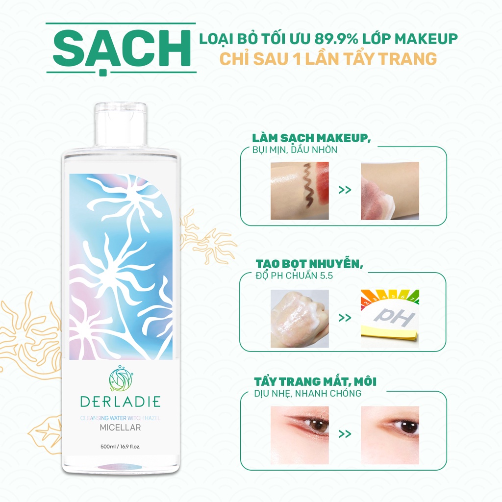 Mô tả Nước Tẩy Trang Làm Sạch Sâu Cho Da Mụn Derladie Cleansing Water Witch Hazel 500ml - 1