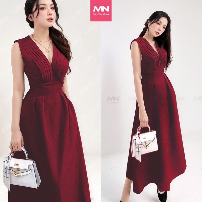 Mô tả Đầm dự tiệc MINA thiết kế dáng suông midi chất Cotton màu đỏ đô MN182 - 1