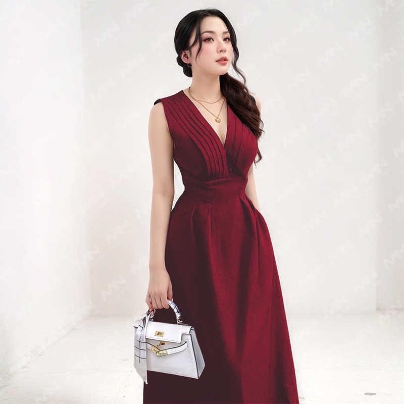 Mô tả Đầm dự tiệc MINA thiết kế dáng suông midi chất Cotton màu đỏ đô MN182 - 4