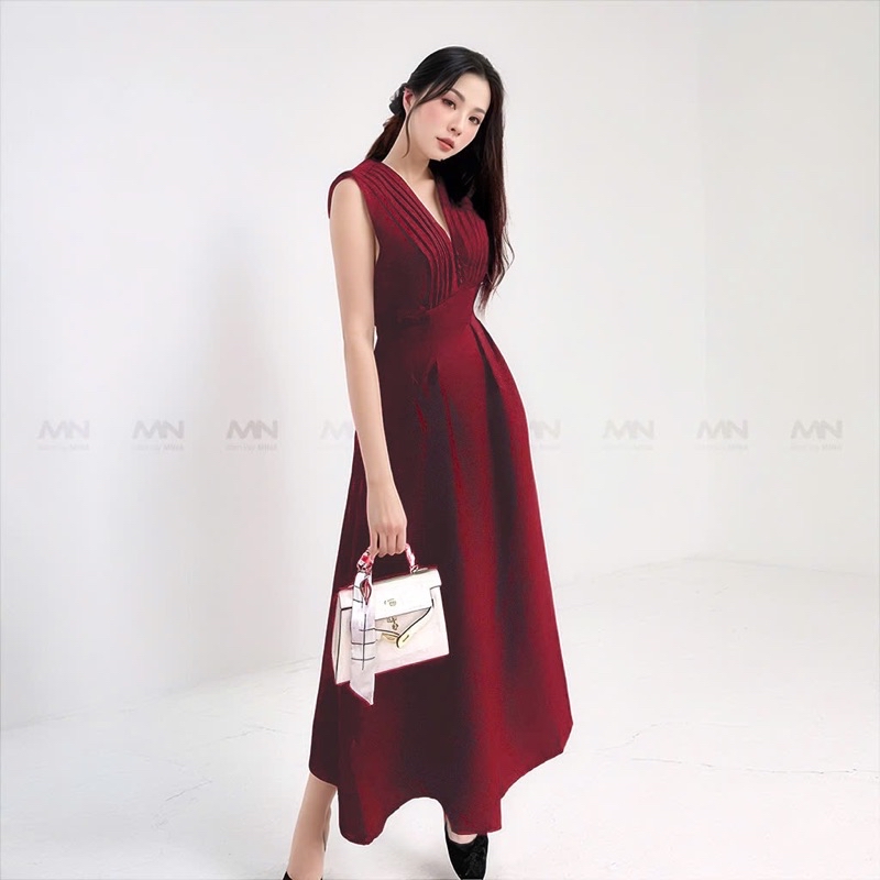 Mô tả Đầm dự tiệc MINA thiết kế dáng suông midi chất Cotton màu đỏ đô MN182 - 3