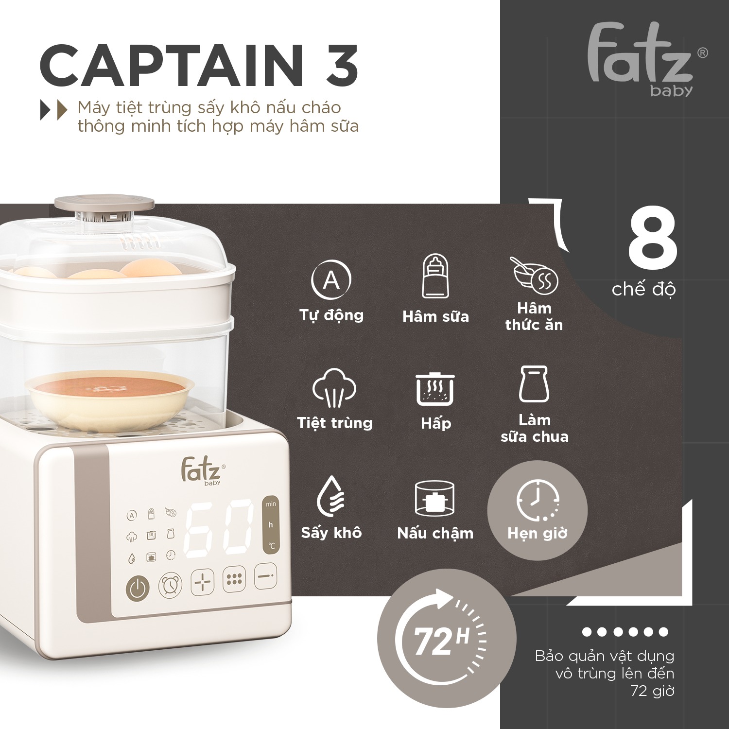 Mô tả Máy tiệt trùng sấy khô nấu cháo thông minh tích hợp máy hâm sữa Captain 3 FATZBABY FB4326SL - 4
