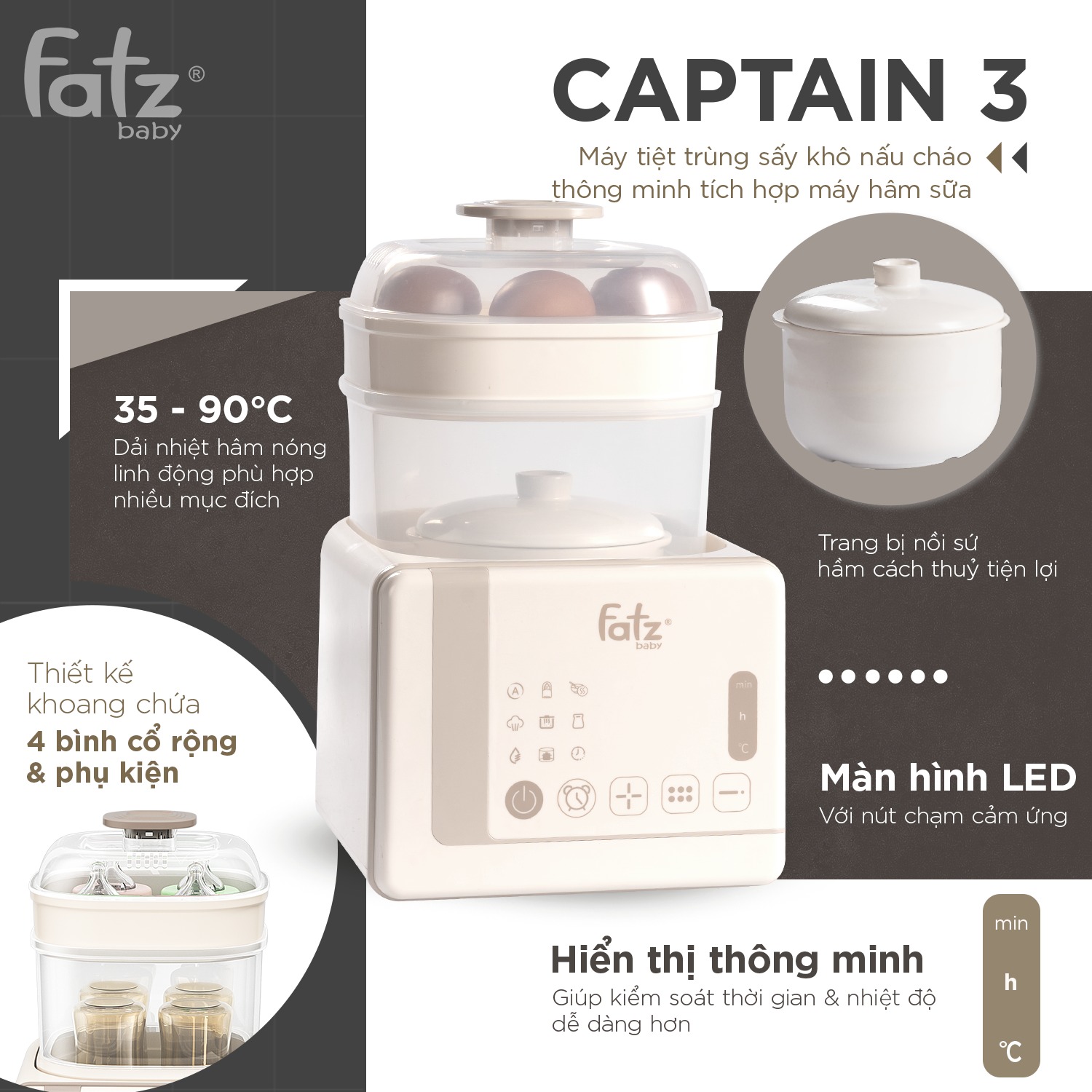 Mô tả Máy tiệt trùng sấy khô nấu cháo thông minh tích hợp máy hâm sữa Captain 3 FATZBABY FB4326SL - 5