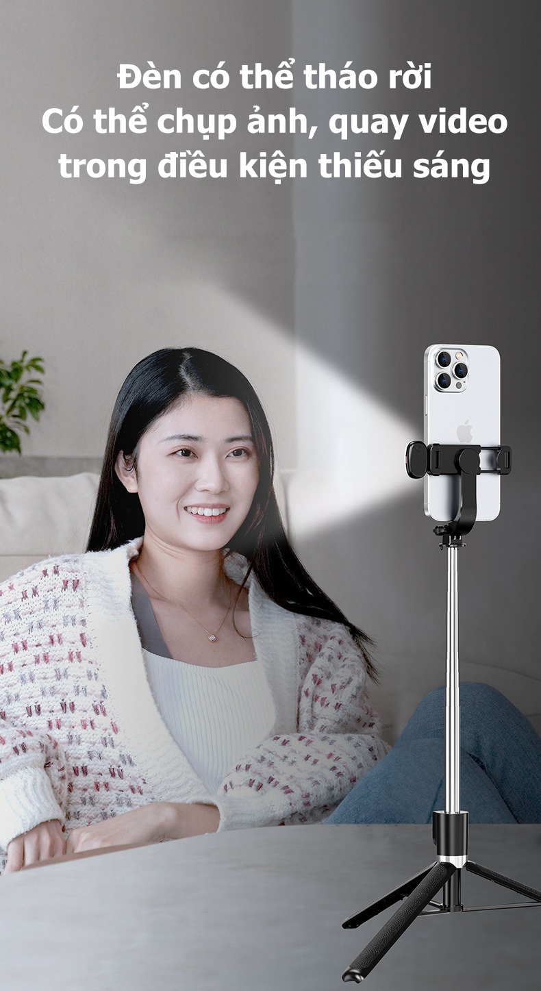 Mô tả Gậy chụp ảnh 3 chân selfie 1M75 kiêm tripod điện thoại quay video livestream có điều khiển từ xa - HOLOCOM - 8