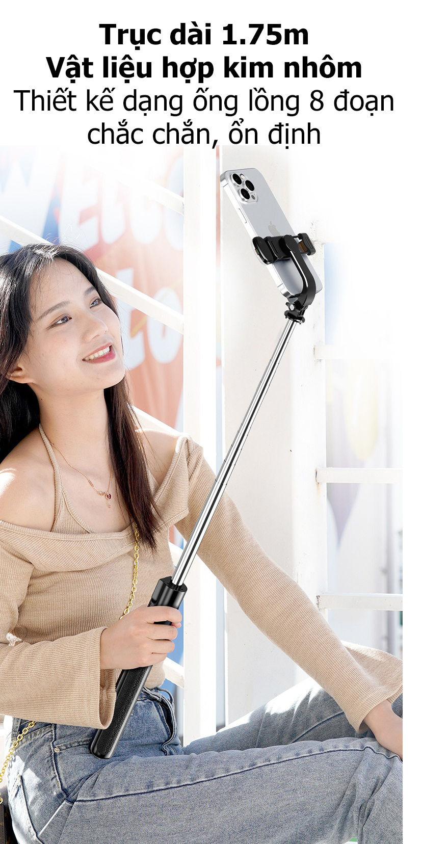 Mô tả Gậy chụp ảnh 3 chân selfie 1M75 kiêm tripod điện thoại quay video livestream có điều khiển từ xa - HOLOCOM - 10