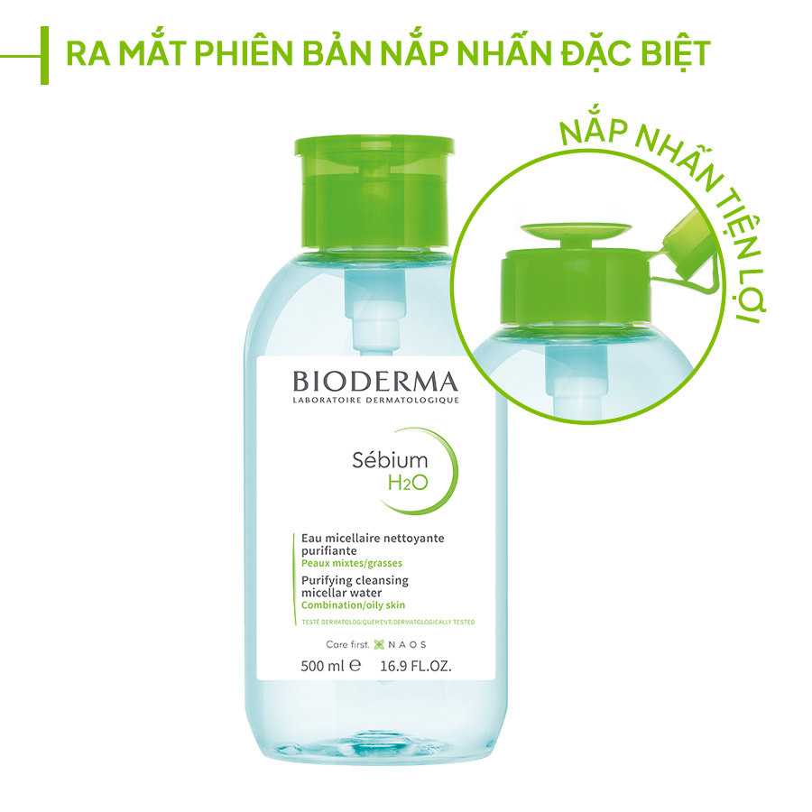 Mô tả Dung dịch làm sạch và tẩy trang Micellar cho da hỗn hợp và da dầu Bioderma Sébium H2O - 500ml (có nắp nhấn) - 1