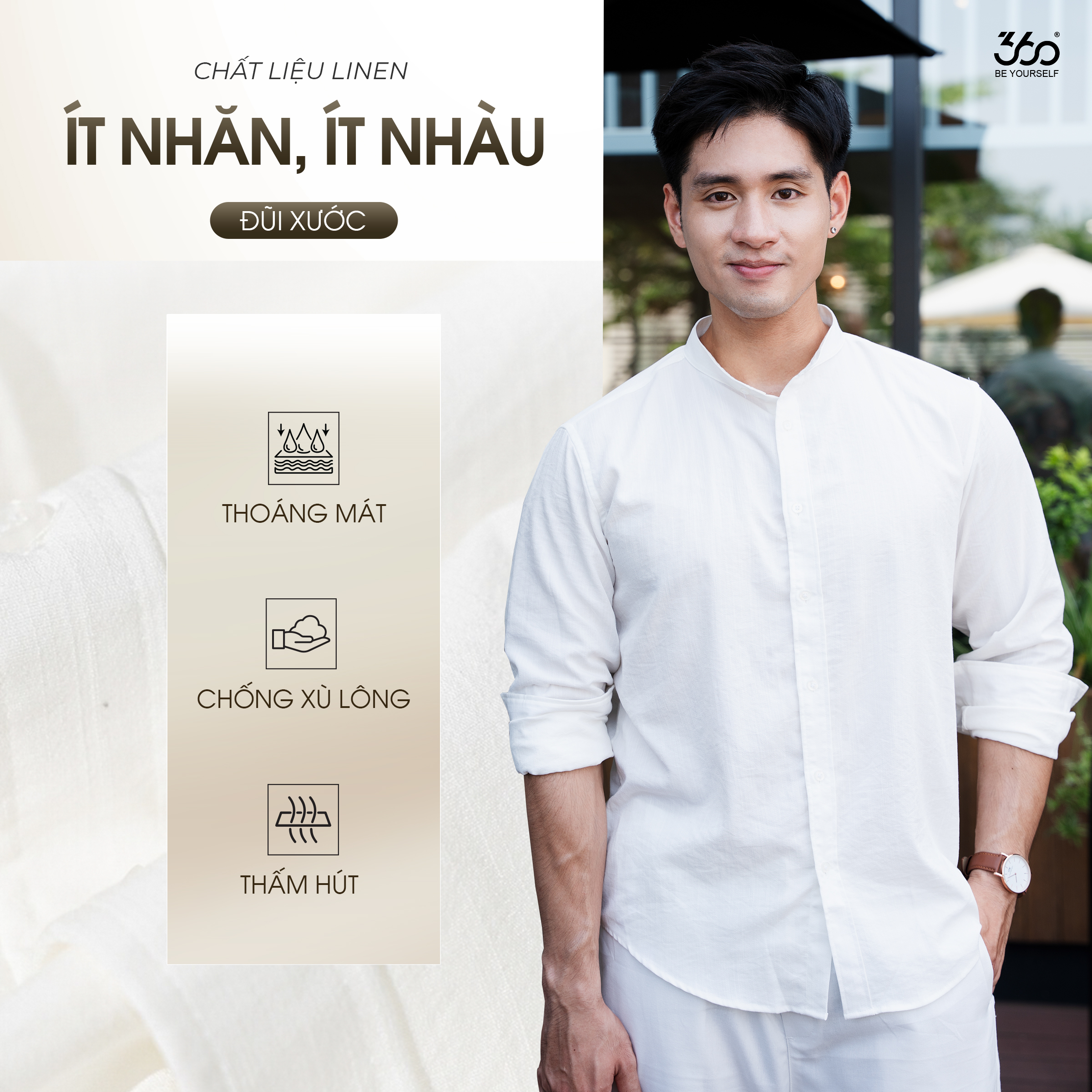 Mô tả Áo sơ mi nam cổ tàu dài tay 360Boutique somi cổ trụ dáng rộng chất liệu đũi xước cao cấp - STDOL419 - 1