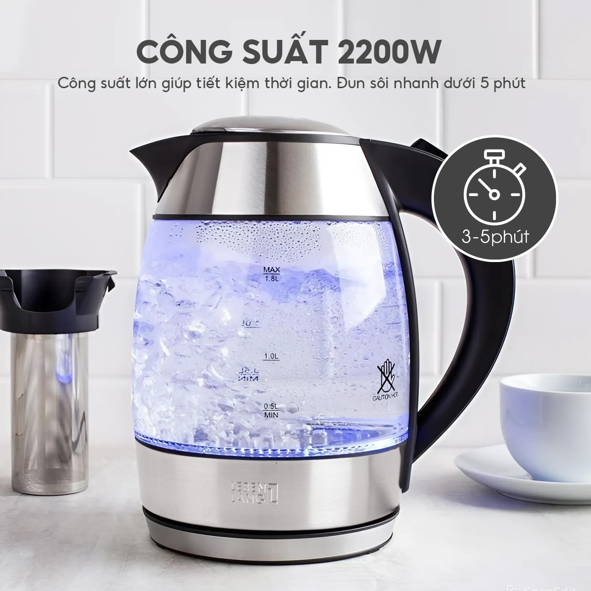 Mô tả Ấm siêu tốc 1.8 lít bình thủy tinh LEBENLANG từ Đức gồm lõi lọc trà bằng inox, bảo hành 2 năm - LBE2819 - 2
