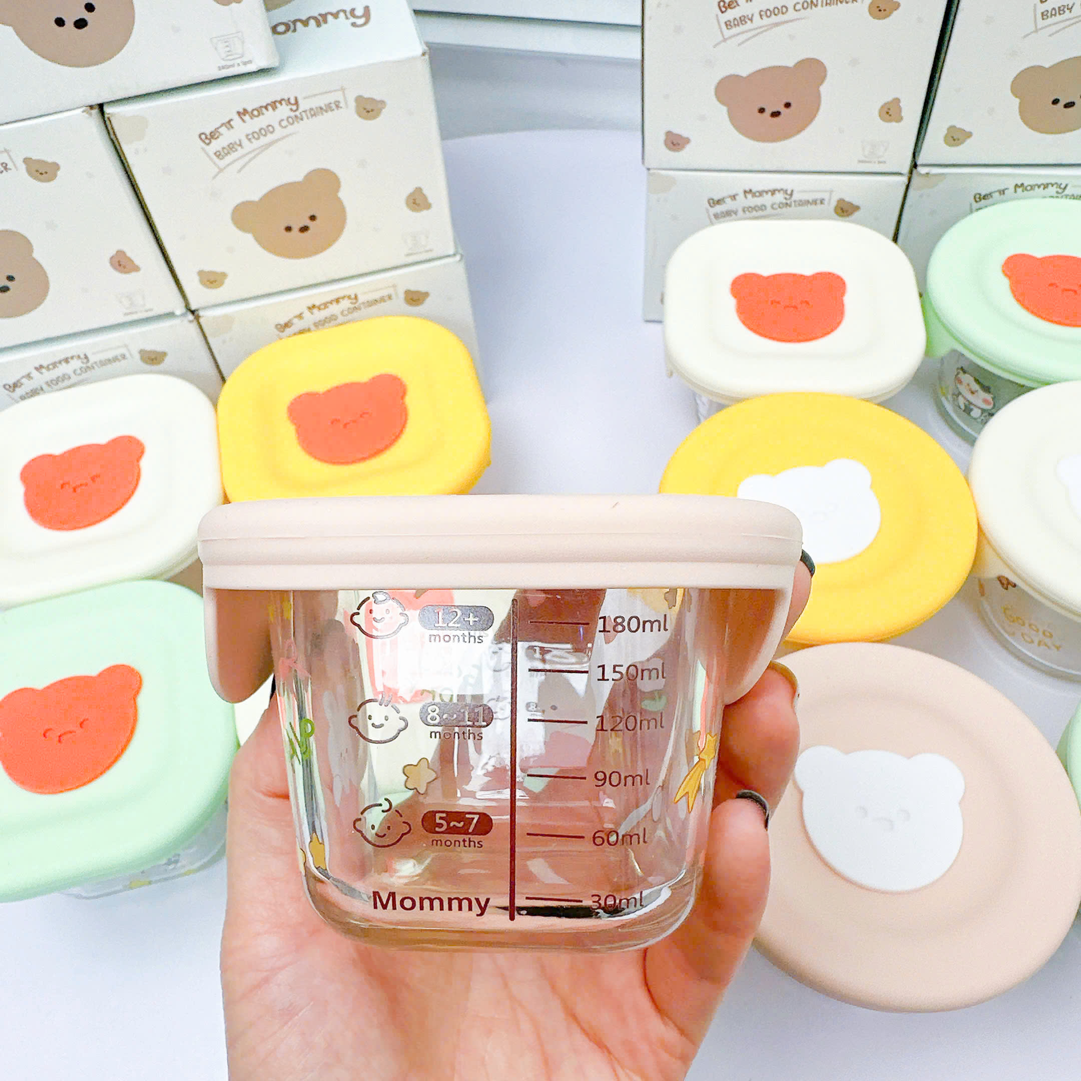 Mô tả Hũ thủy tinh trữ đông đồ ăn dặm cho bé KidAndMom Bear Mommy có nắp đậy slicon,vạch chia ml tiện lợi chứa tới 240ml - 4