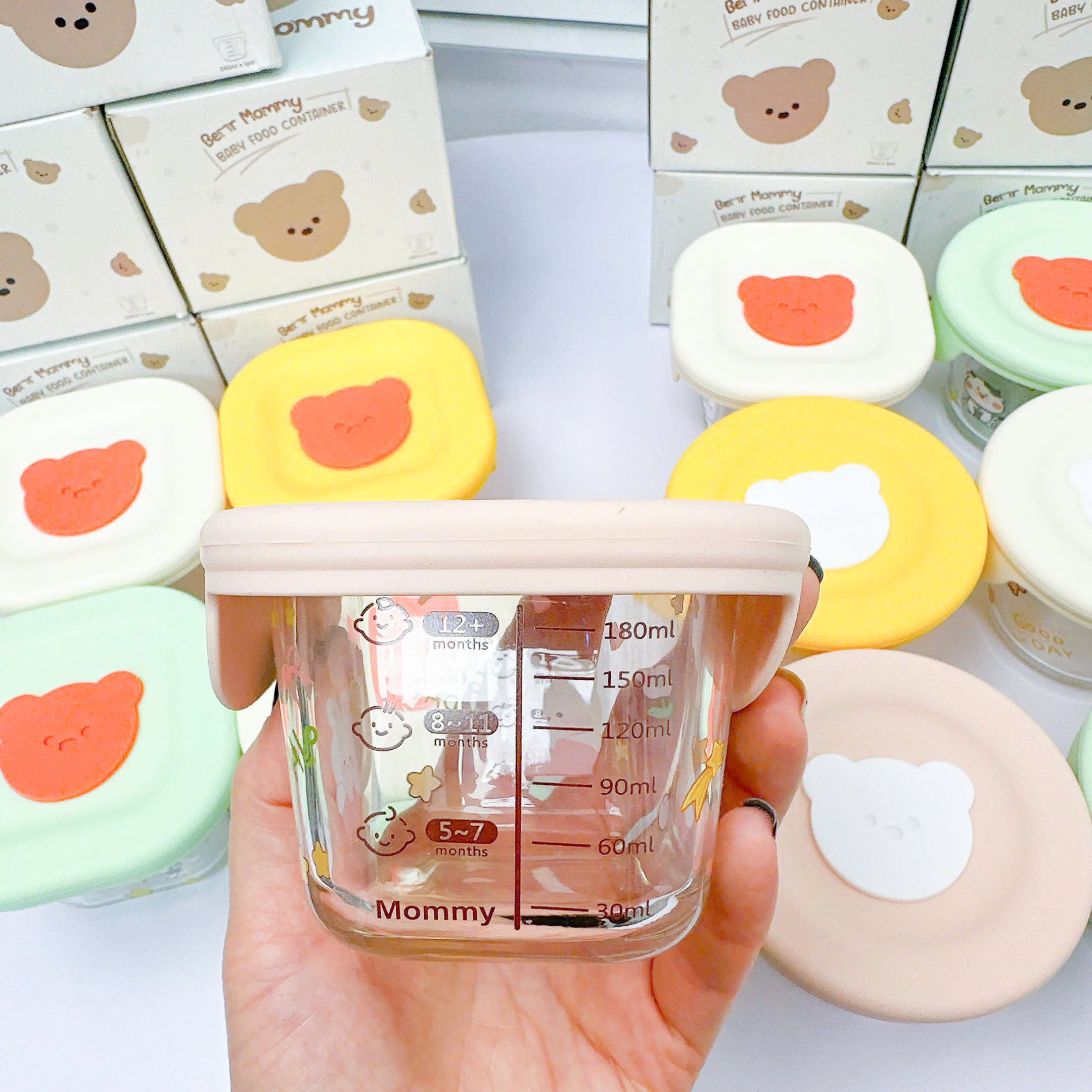 Mô tả Hũ thủy tinh trữ đông đồ ăn dặm cho bé KidAndMom Bear Mommy có nắp đậy slicon,vạch chia ml tiện lợi chứa tới 240ml - 2