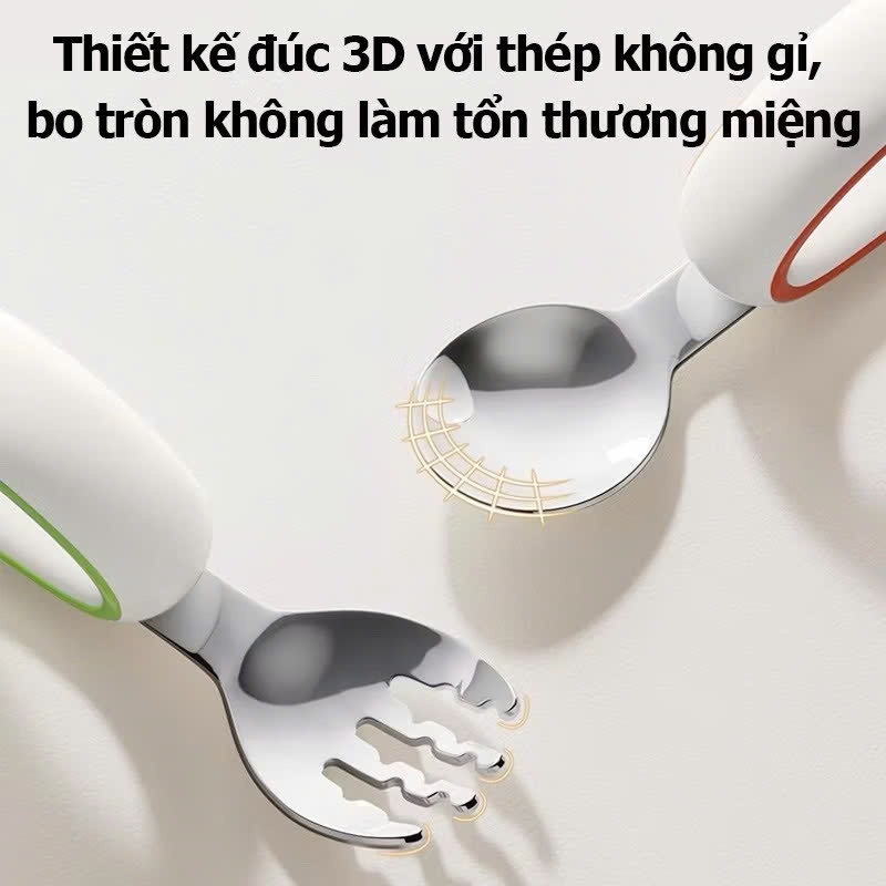 Mô tả Bộ Thìa nĩa tập ăn cho bé KidsWorld tay cầm silicon mềm, muỗng cong, inox 316, an toàn - 11
