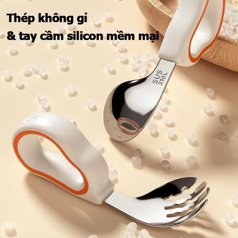 Mô tả Bộ Thìa nĩa tập ăn cho bé KidsWorld tay cầm silicon mềm, muỗng cong, inox 316, an toàn - 12