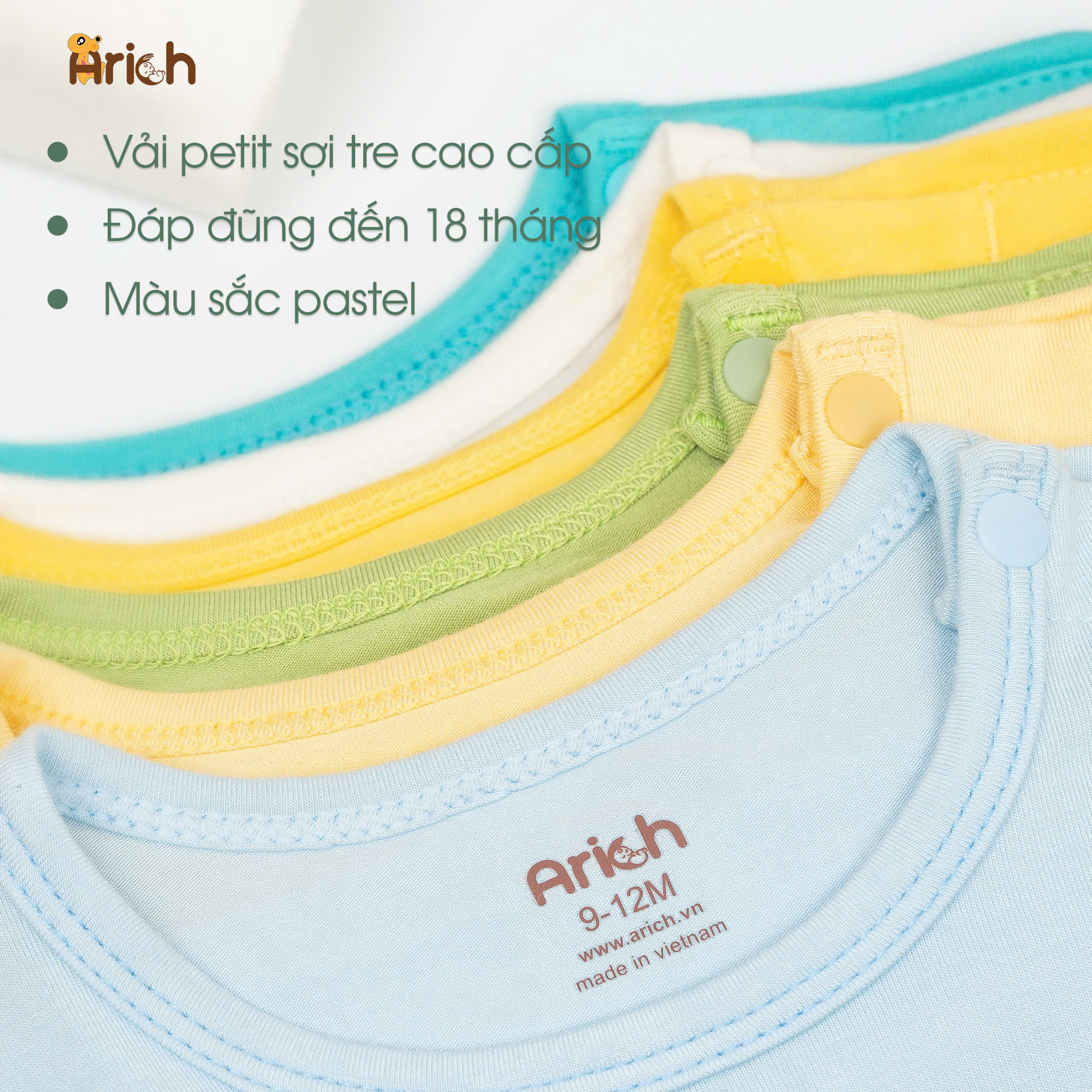 Mô tả Bộ cộc tay cài vai Arich vải sợi tre in Cún Xanh cho bé từ 9 tháng đến 6 tuổi - 1