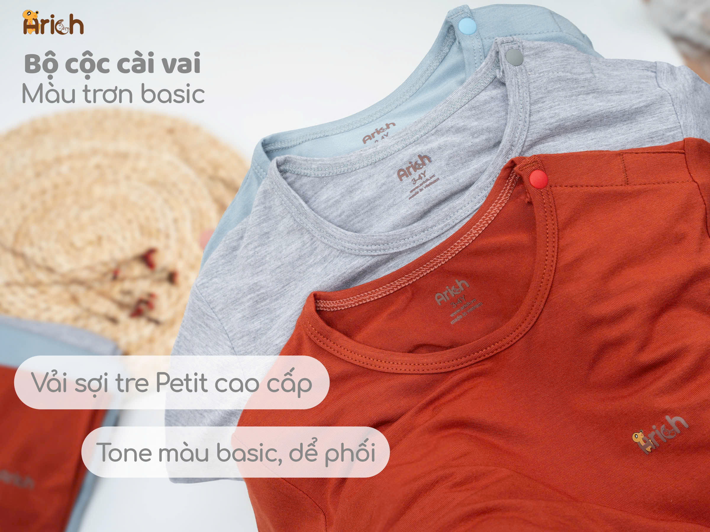 Mô tả Bộ cộc tay cài vai Arich vải sợi tre in Cún Xanh cho bé từ 9 tháng đến 6 tuổi - 2