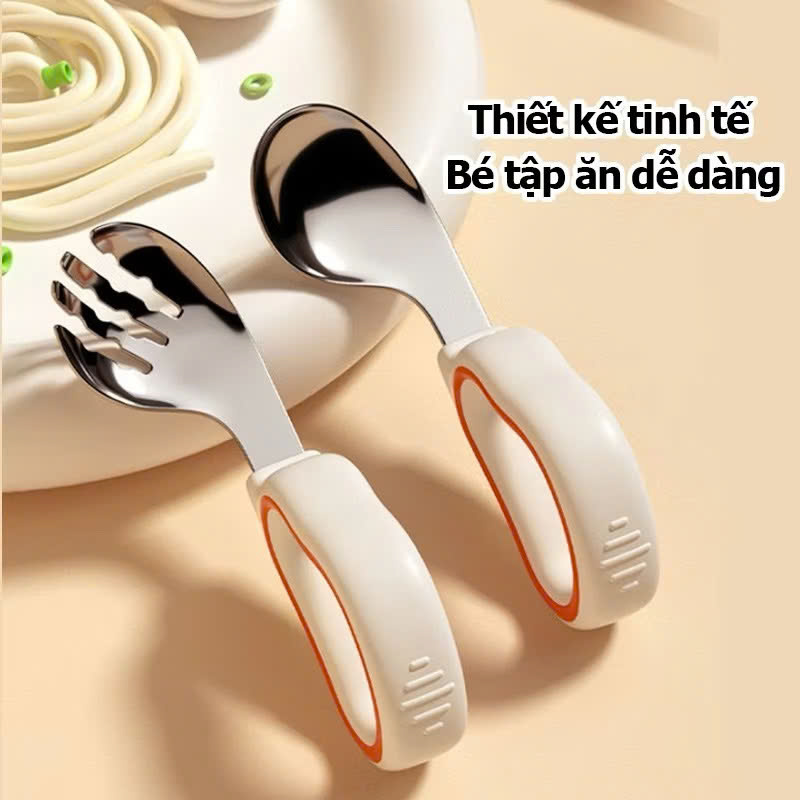 Mô tả Bộ Thìa nĩa tập ăn cho bé KidsWorld tay cầm silicon mềm, muỗng cong, inox 316, an toàn - 1