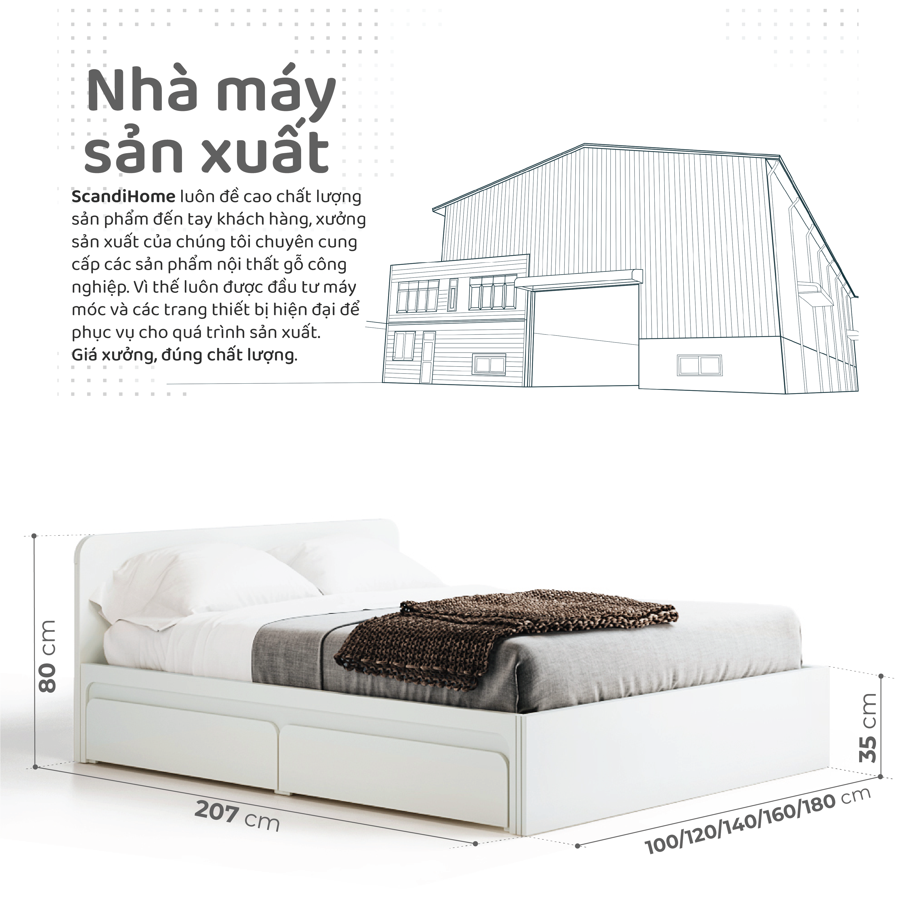 Mô tả EMMA, Giường ngủ 2 hộc tủ kéo BED_126, 207x80cm, Giường ngủ gỗ Scandi Home - 1