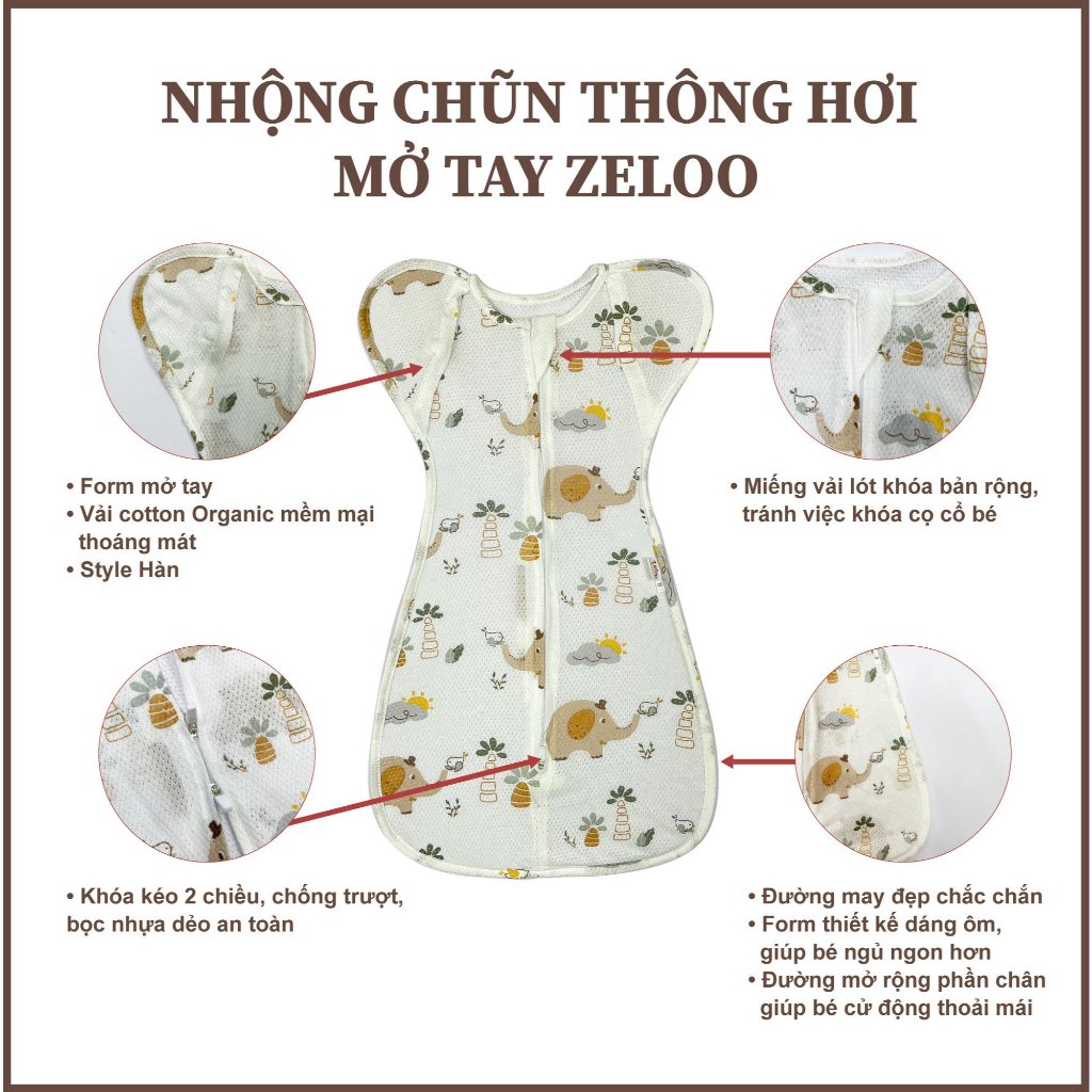 Mô tả Nhộng chũn thông hơi IQKAO TAY MỞ chất liệu mềm mại, thoáng mát, co giãn khóa 2 chiều cho bé 3-7kg Zeloo - 2