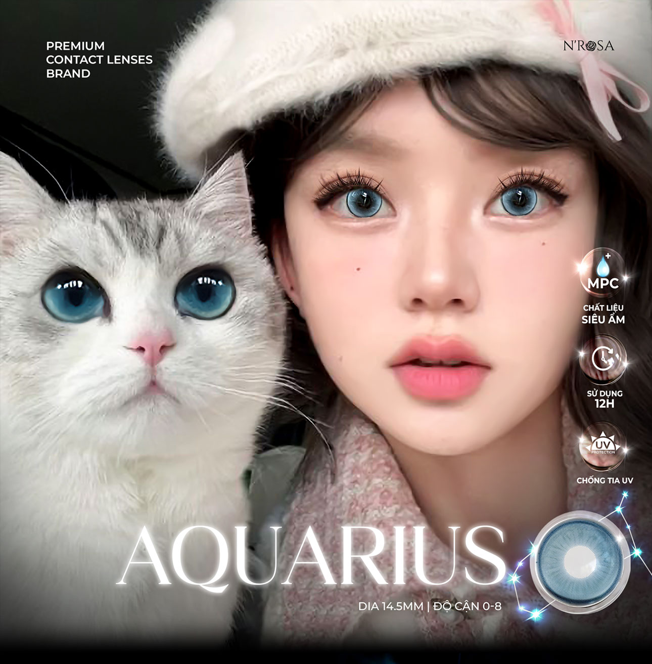 Mô tả Lens xanh có độ cận 0-8 Aquarius N'Rosa cho mắt thở cao cấp Angel Eyes phân phối, kính giãn tròng xanh có viền 14.5mm - 1