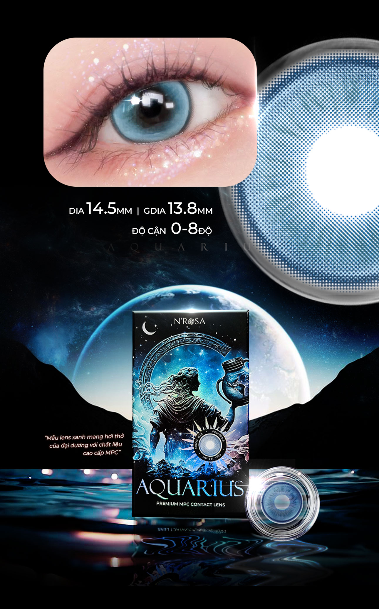 Mô tả Lens xanh có độ cận 0-8 Aquarius N'Rosa cho mắt thở cao cấp Angel Eyes phân phối, kính giãn tròng xanh có viền 14.5mm - 3