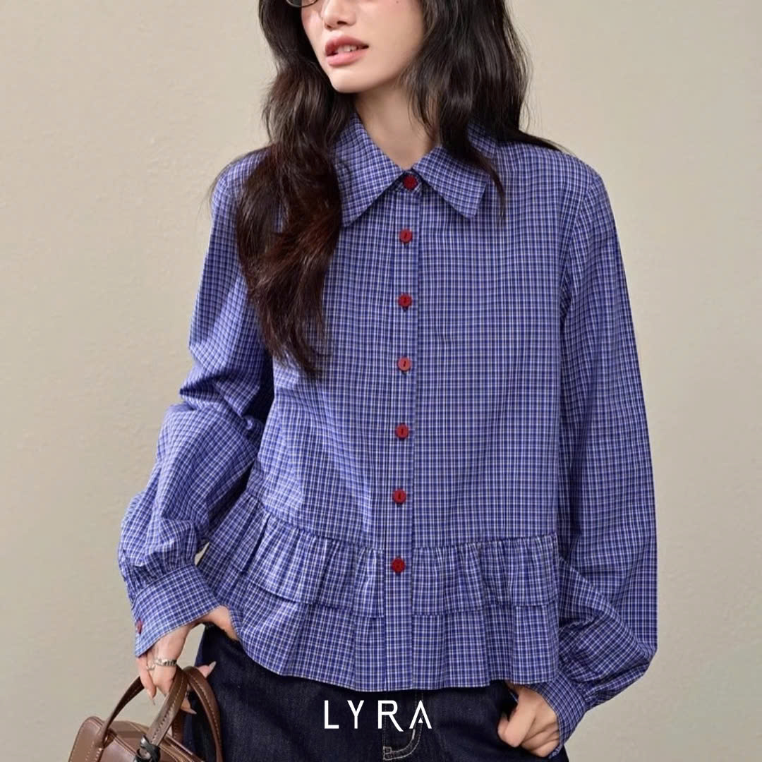 Mô tả Áo sơ mi kẻ caro LYRA dáng suông, babydoll thiết kế đuôi áo xếp tầng bánh bèo chất thô cotton LWNSM008 - 1