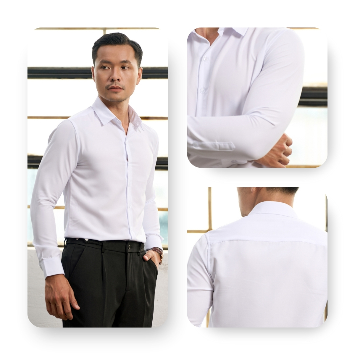 Mô tả Áo sơ mi trắng nam AKUBA tay dài đi làm form slimfit, vải lụa không nhăn, thoáng mát | 01AB2044 - 2