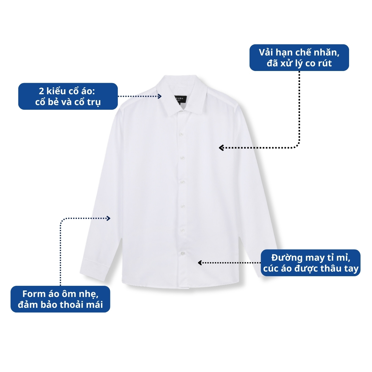 Mô tả Áo sơ mi trắng nam AKUBA tay dài đi làm form slimfit, vải lụa không nhăn, thoáng mát | 01AB2044 - 1