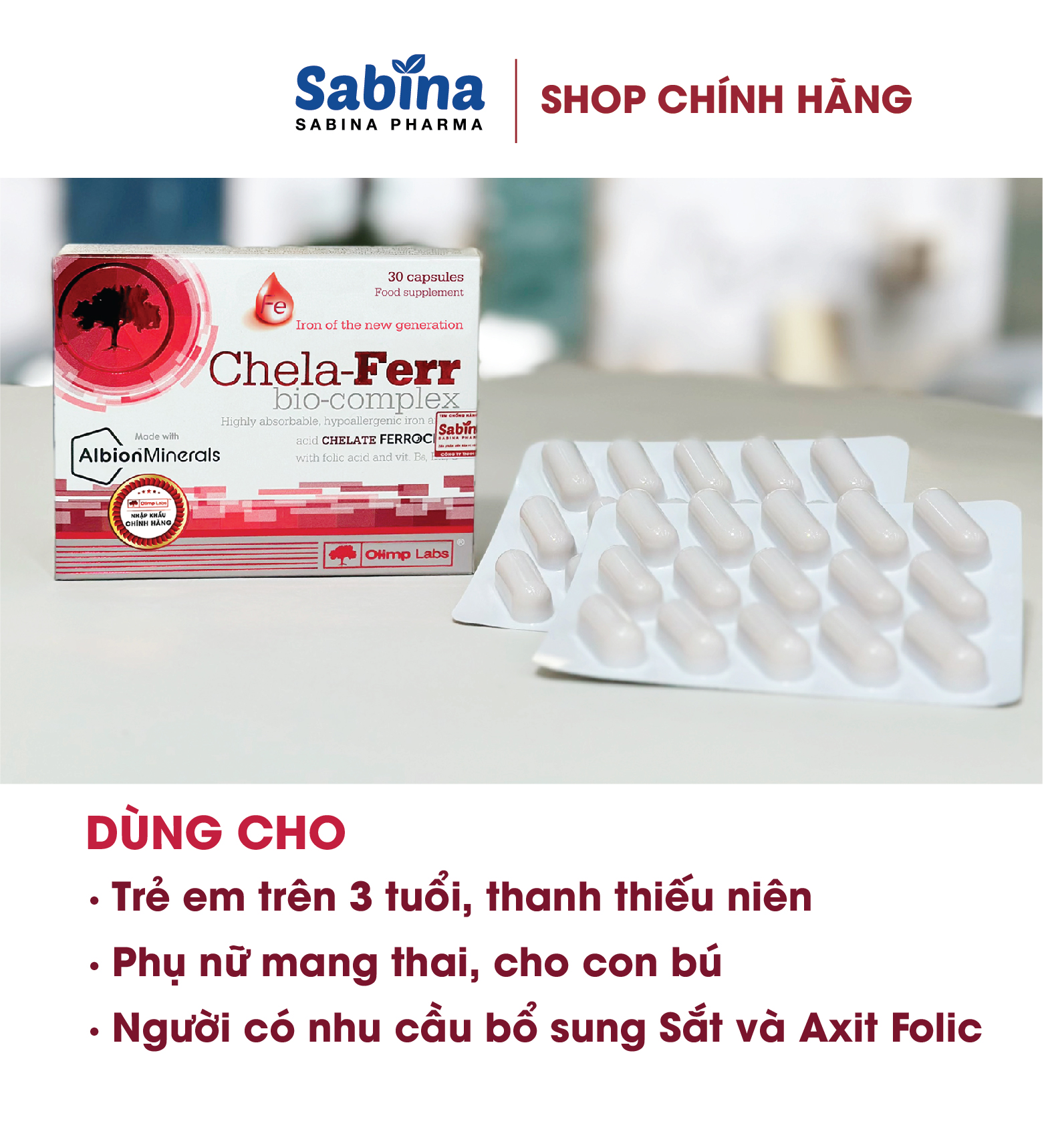 Mô tả Chela-Ferr Bio-complex (Olimp Labs)14mg sắt dạng chelate Ferrochel, 200mcg Axit Folic, 1 hộp 30 viên 11,6g - 2
