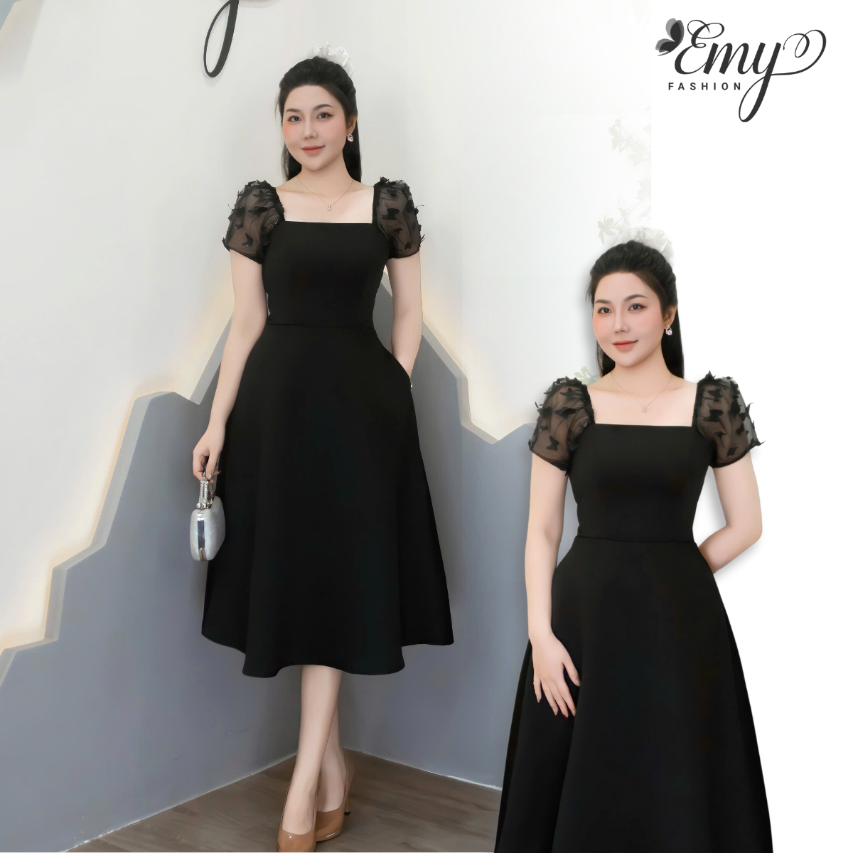 Mô tả Đầm Thiết Kế EMY Thời Trang Cao Cấp EM2109 Phi Cao Cấp Phối Lưới Đính Bướm 3D Sang Chảnh Đi Tiệc - 1