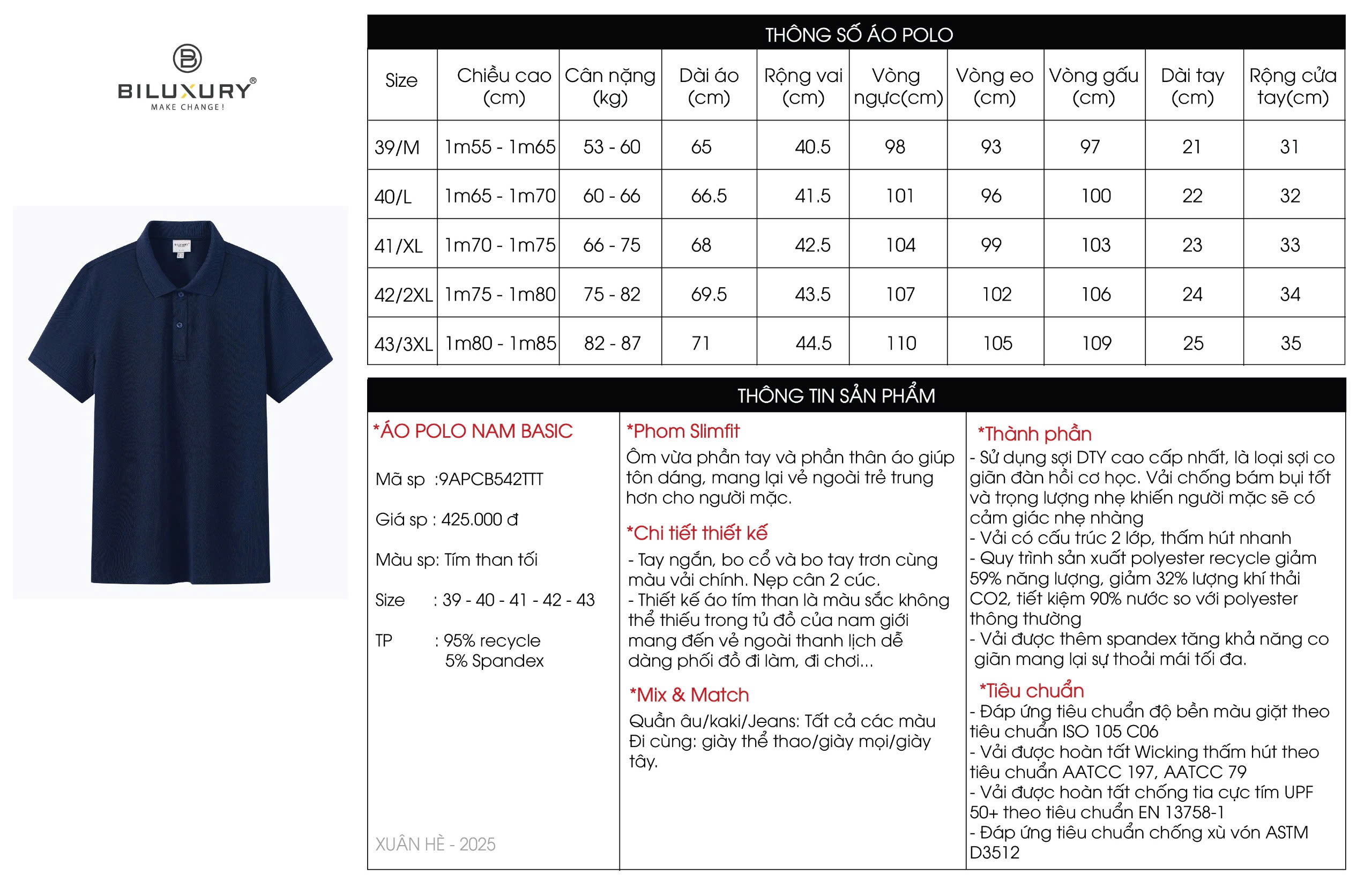 Mô tả Áo Polo BILUXURY 9APCB542 Chất Sợi DTY Cao Cấp, Co Giãn Mềm Mại Chống Xù, Chống Tia Cực Tím - 1