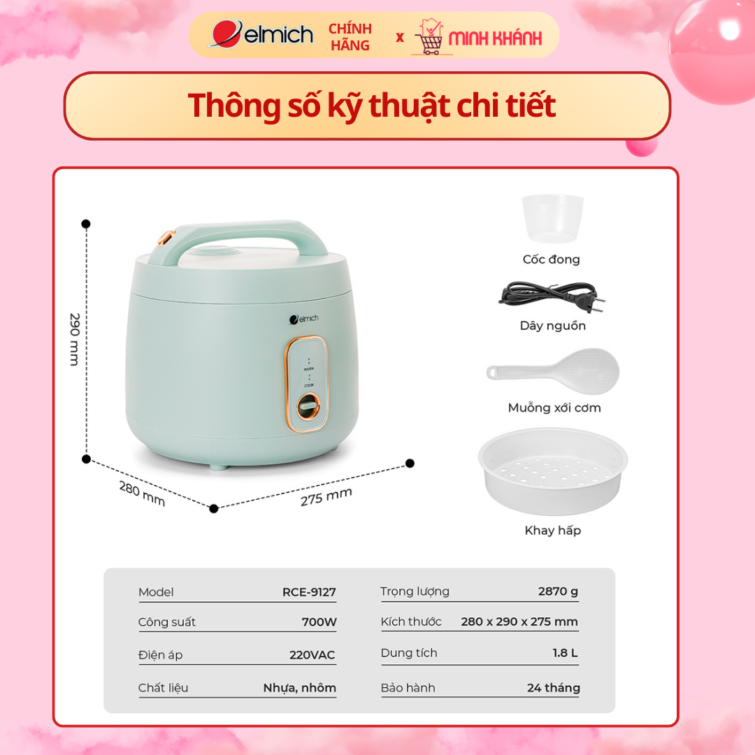 Nồi cơm điện Elmich 1.8L RCE-9127 - 700w, 1,8 lít, Lòng nồi dày 3,66mm ...