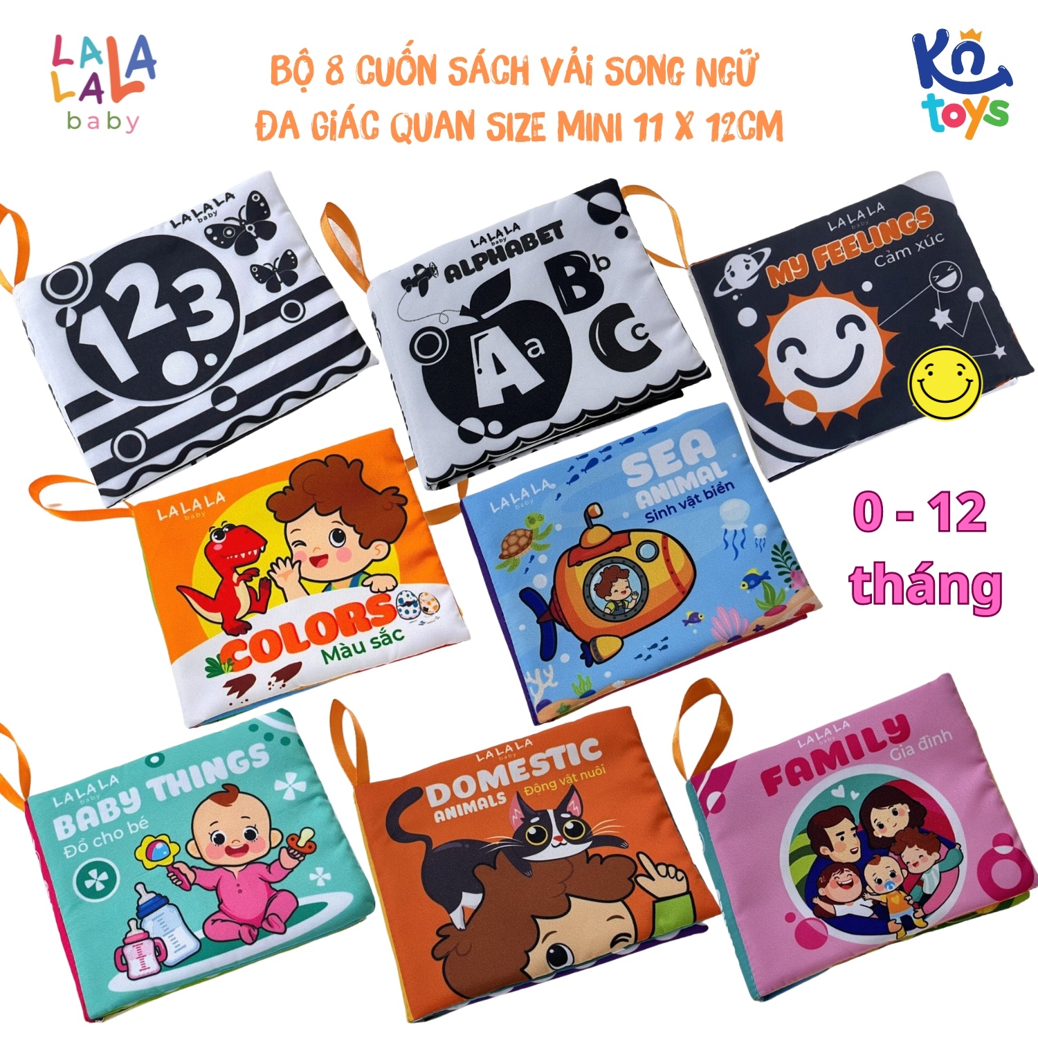 Mô tả Bộ Combo 8 Cuốn Sách Vải Song Ngữ Đa Giác Quan Cho Bé Sơ Sinh Cỡ Nhỏ 11x12cm - Lalala Baby (0-12 tháng) - 1