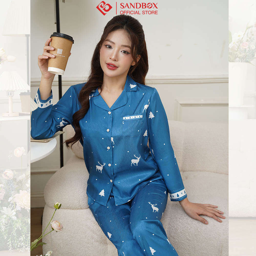 Mô tả Đồ Bộ Nữ, Bộ Pijama Dài SANDBOX Đồ Bộ Lụa Vân Xước Thiết Kế Phối Họa Tiết BPD24004 - 1